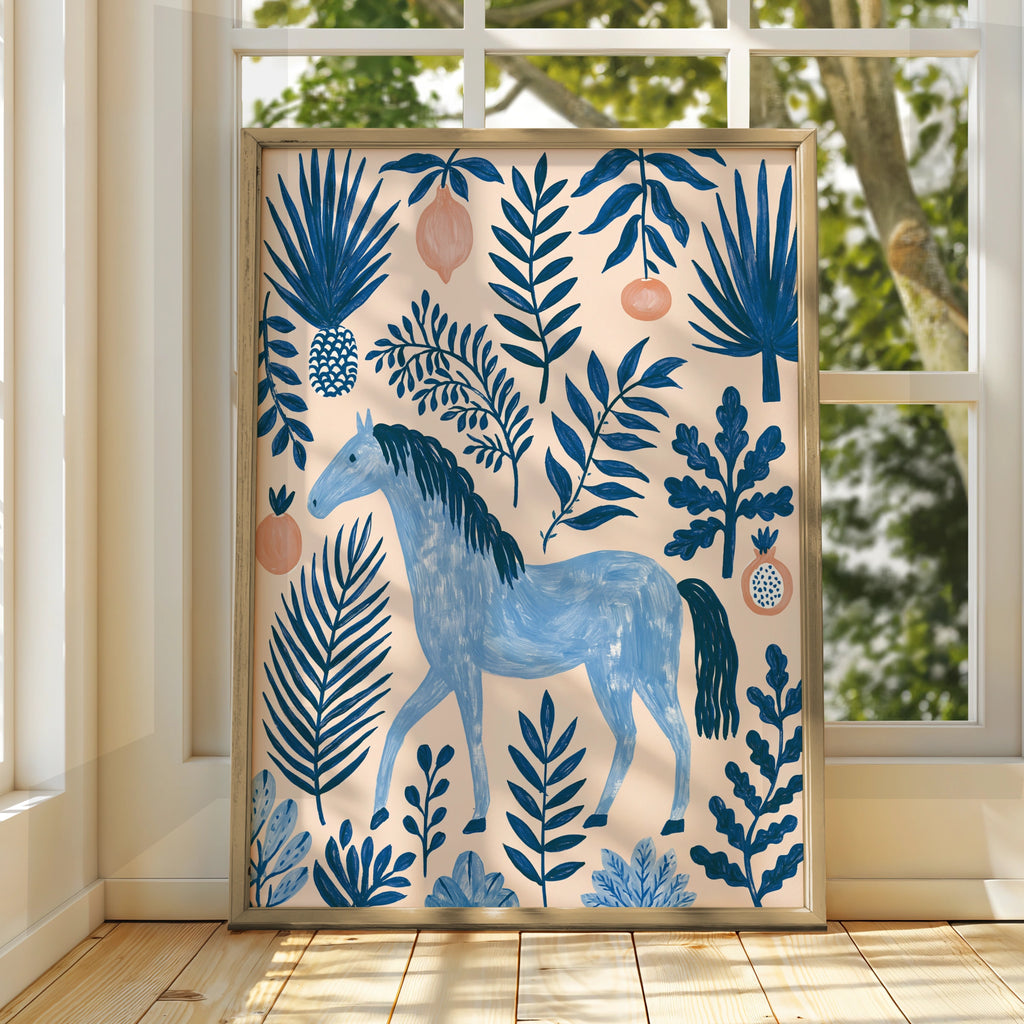 Blue Horse Botanical Wall Art Poster, Tropical Fruit Folk Illustration Print