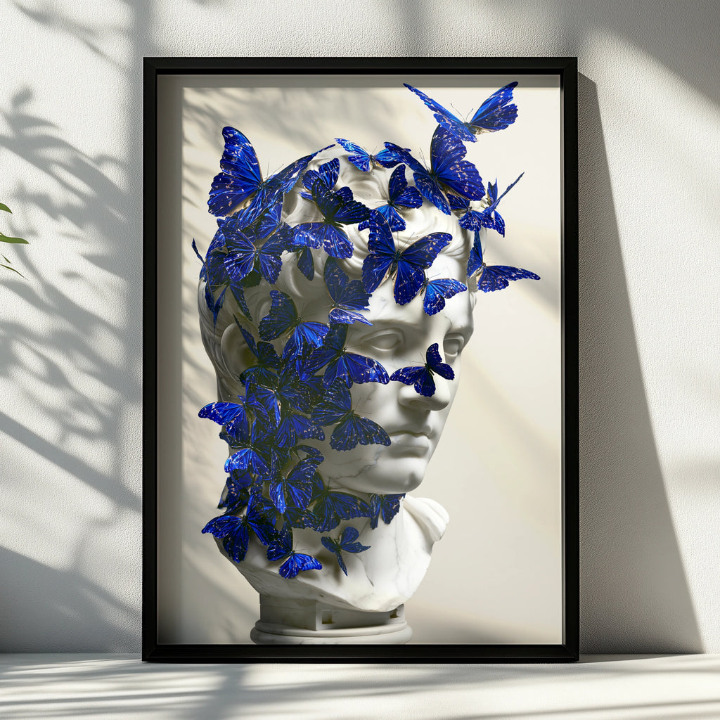 Roman Bust Blue Butterflies Poster, Classical Sculpture Wall Art Print