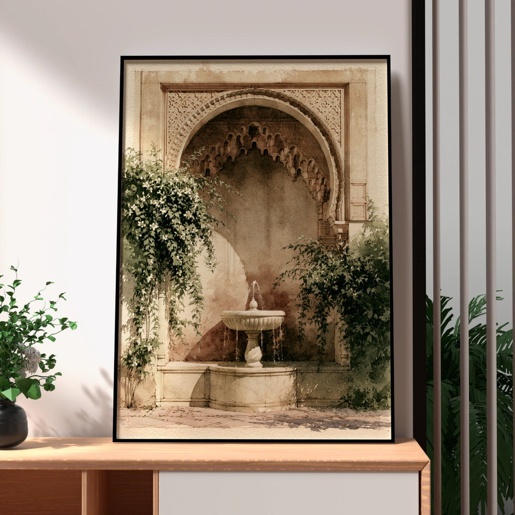Moorish Courtyard Fountain Poster, Arabic Arch Wall Art, Watercolour Style