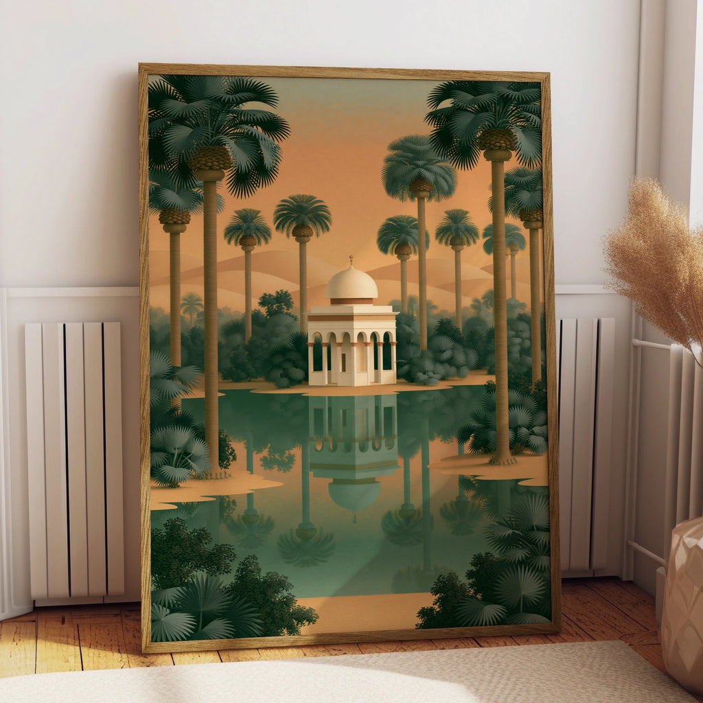 Indian Oasis Pavilion Wall Art Poster, Desert Palm Tree Print, Minimalist