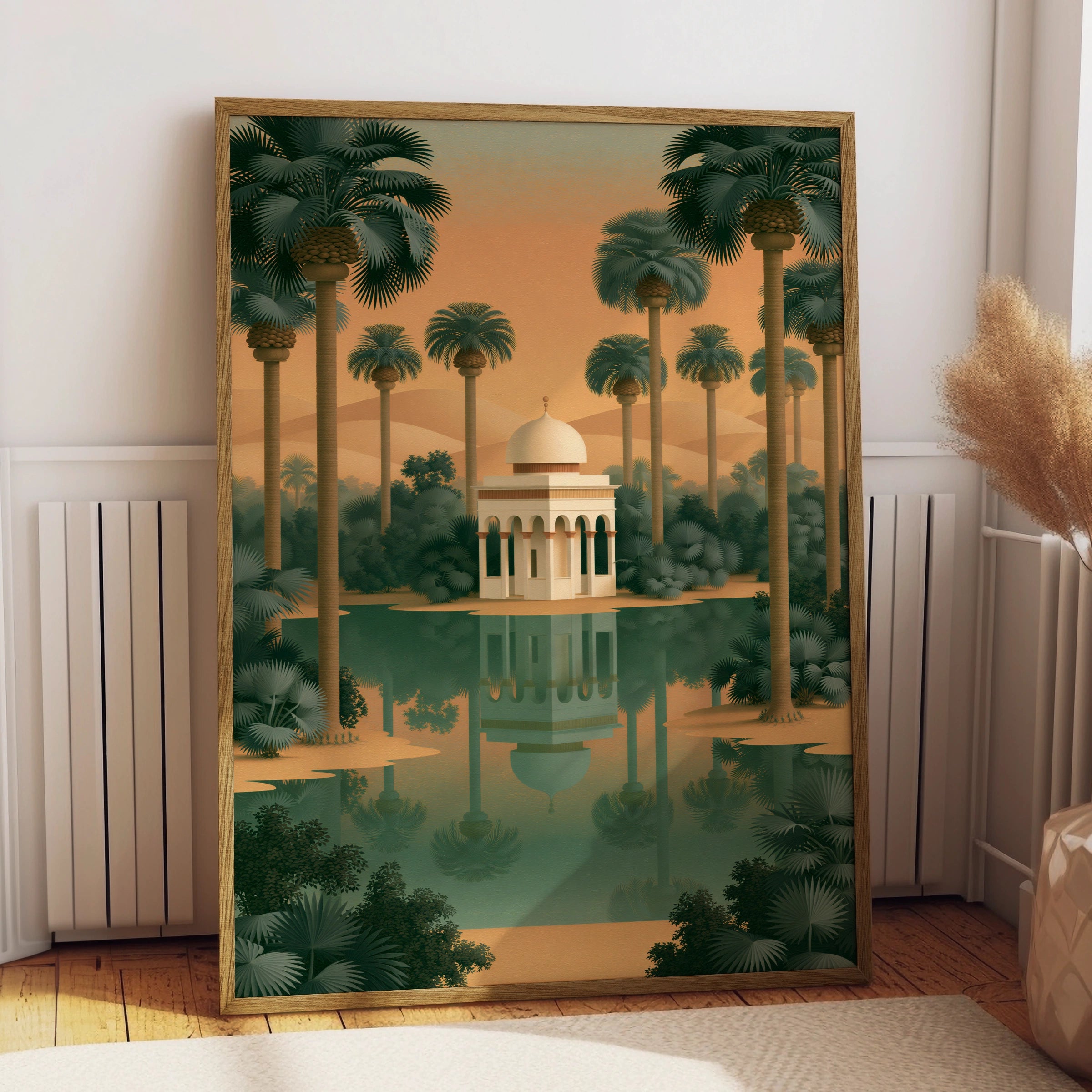 Indian Oasis Pavilion Wall Art Poster, Desert Palm Tree Print, Minimalist