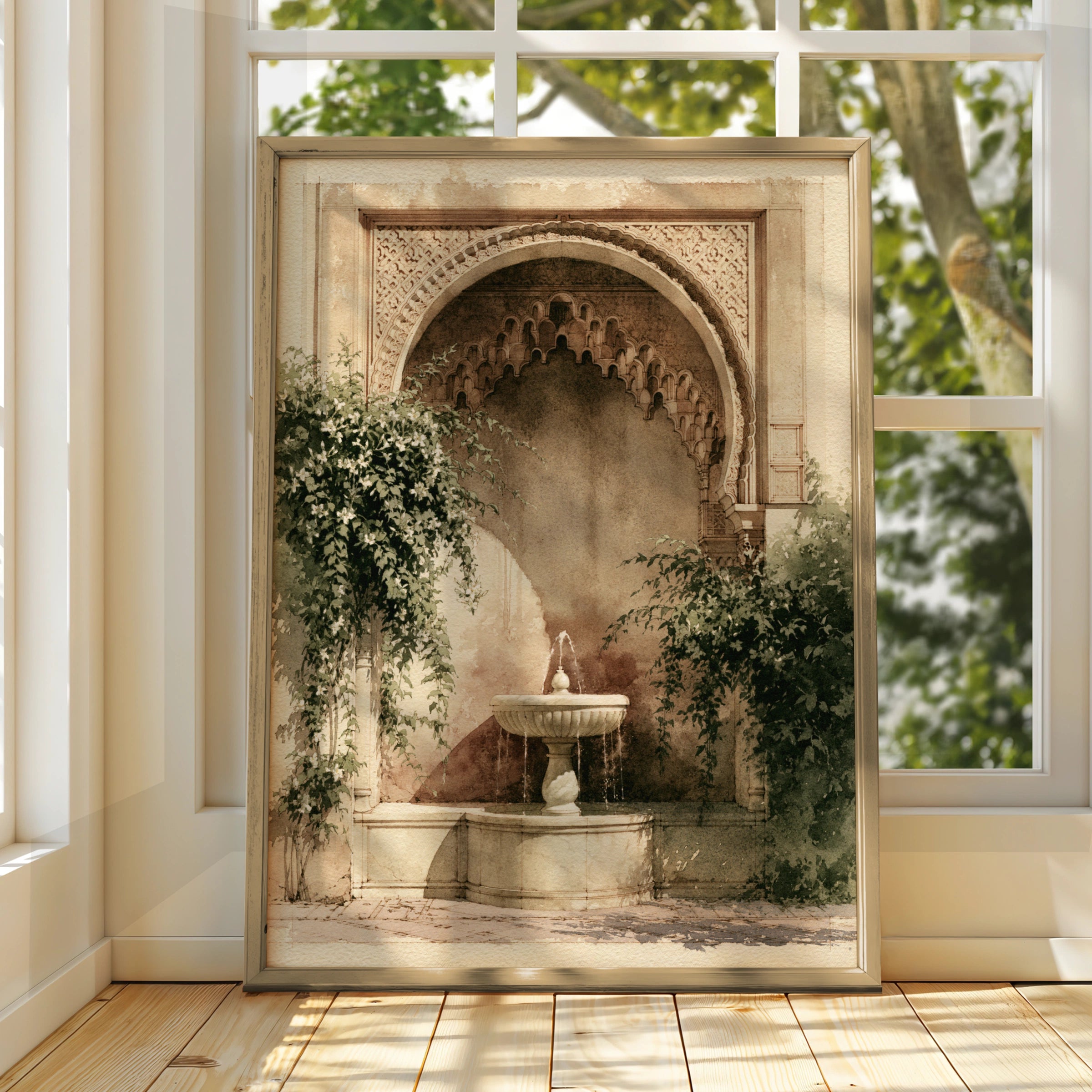 Moorish Courtyard Fountain Poster, Arabic Arch Wall Art, Watercolour Style