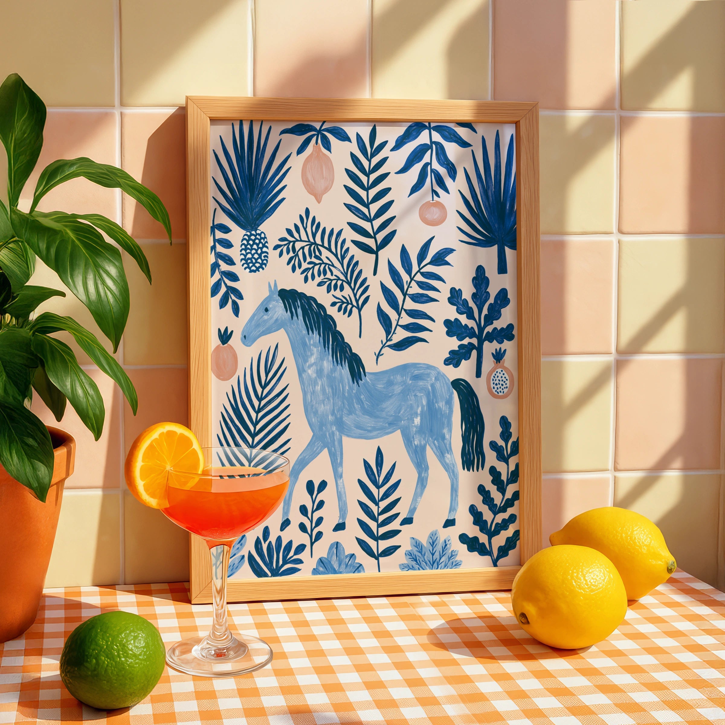 Blue Horse Botanical Wall Art Poster, Tropical Fruit Folk Illustration Print