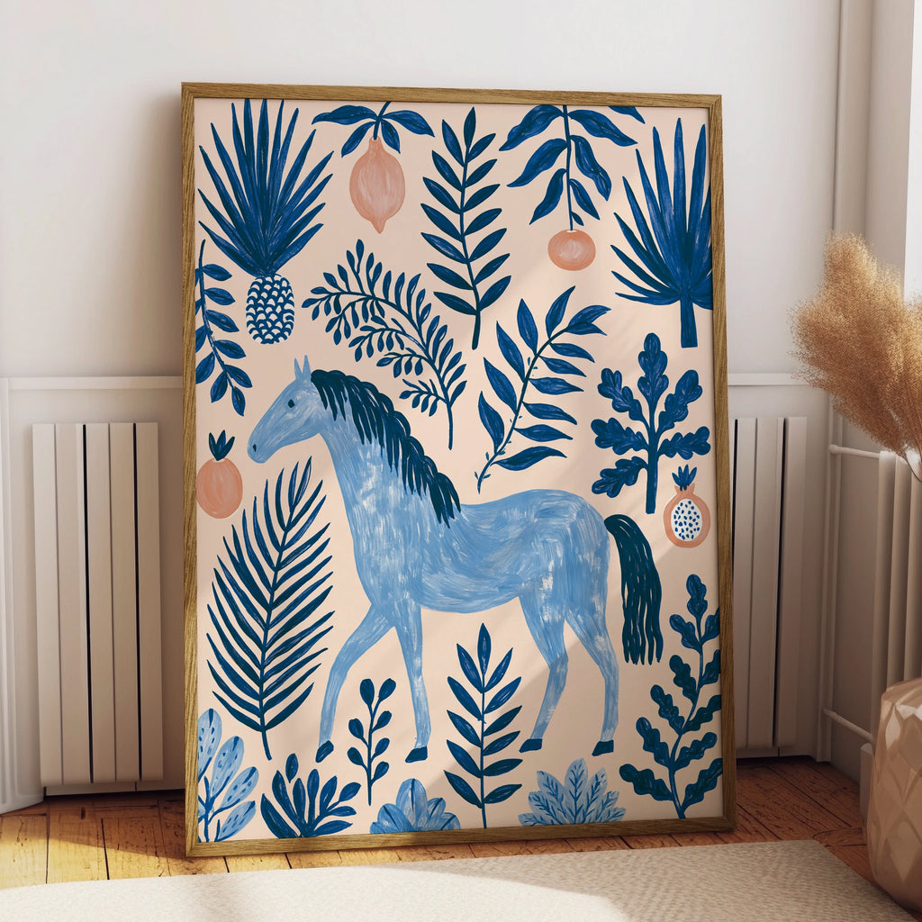 Blue Horse Botanical Wall Art Poster, Tropical Fruit Folk Illustration Print