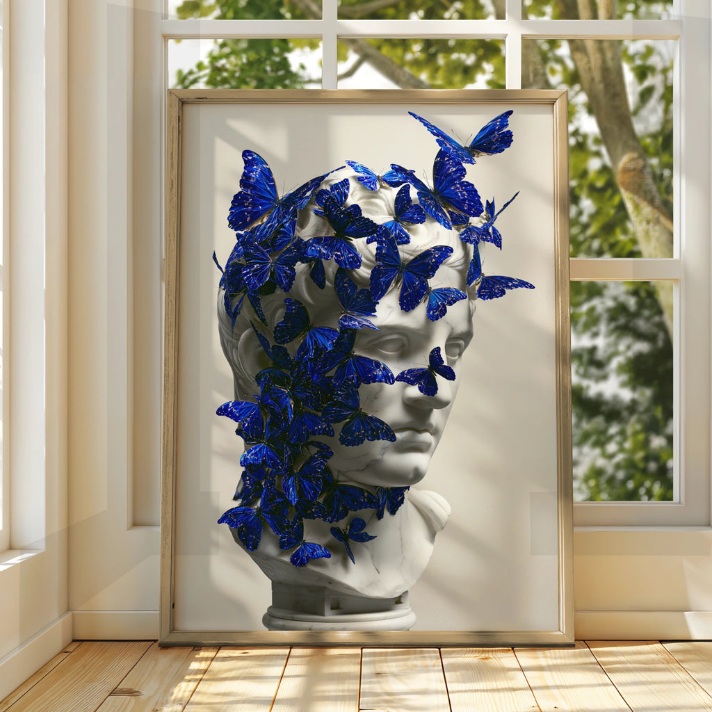 Roman Bust Blue Butterflies Poster, Classical Sculpture Wall Art Print