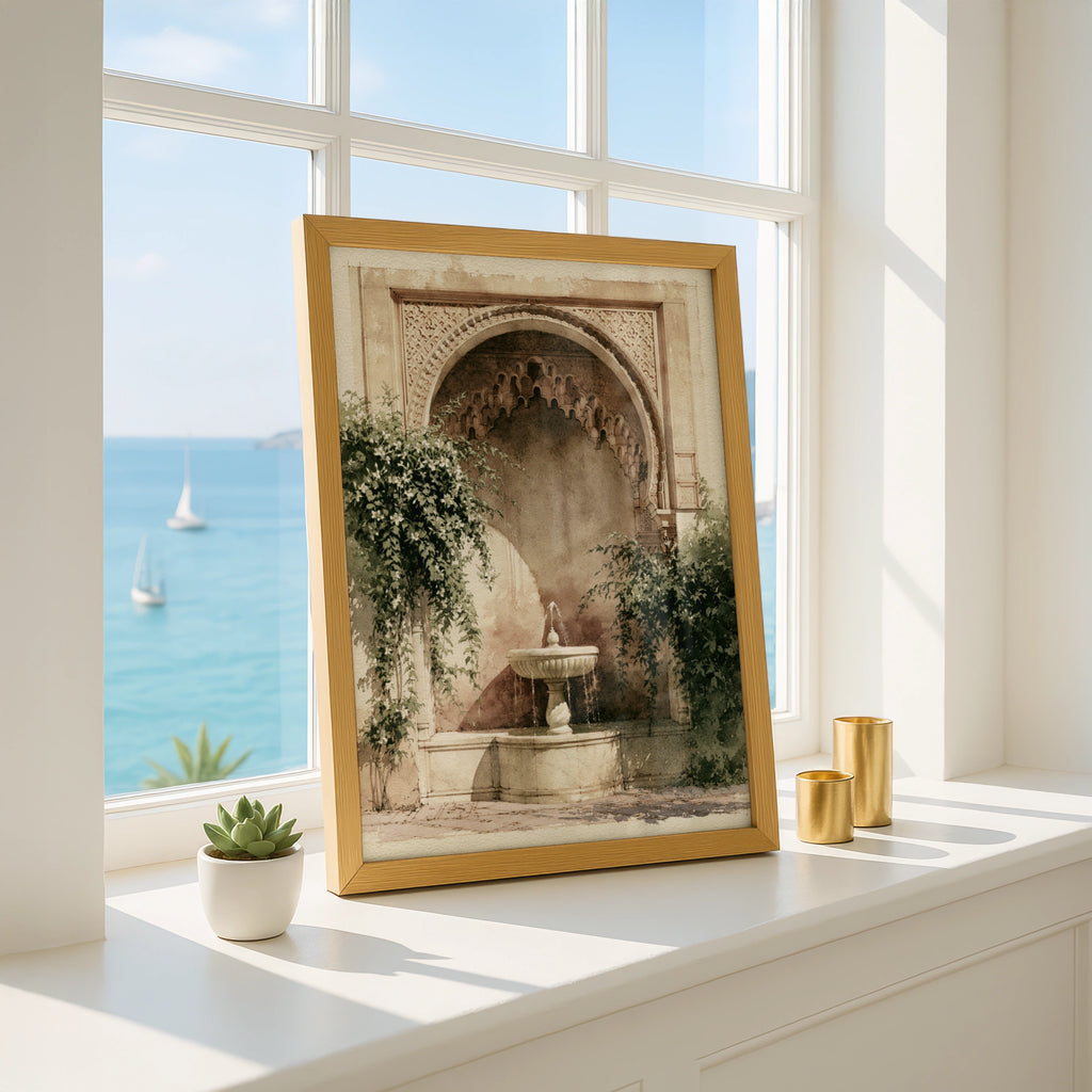 Moorish Courtyard Fountain Poster, Arabic Arch Wall Art, Watercolour Style