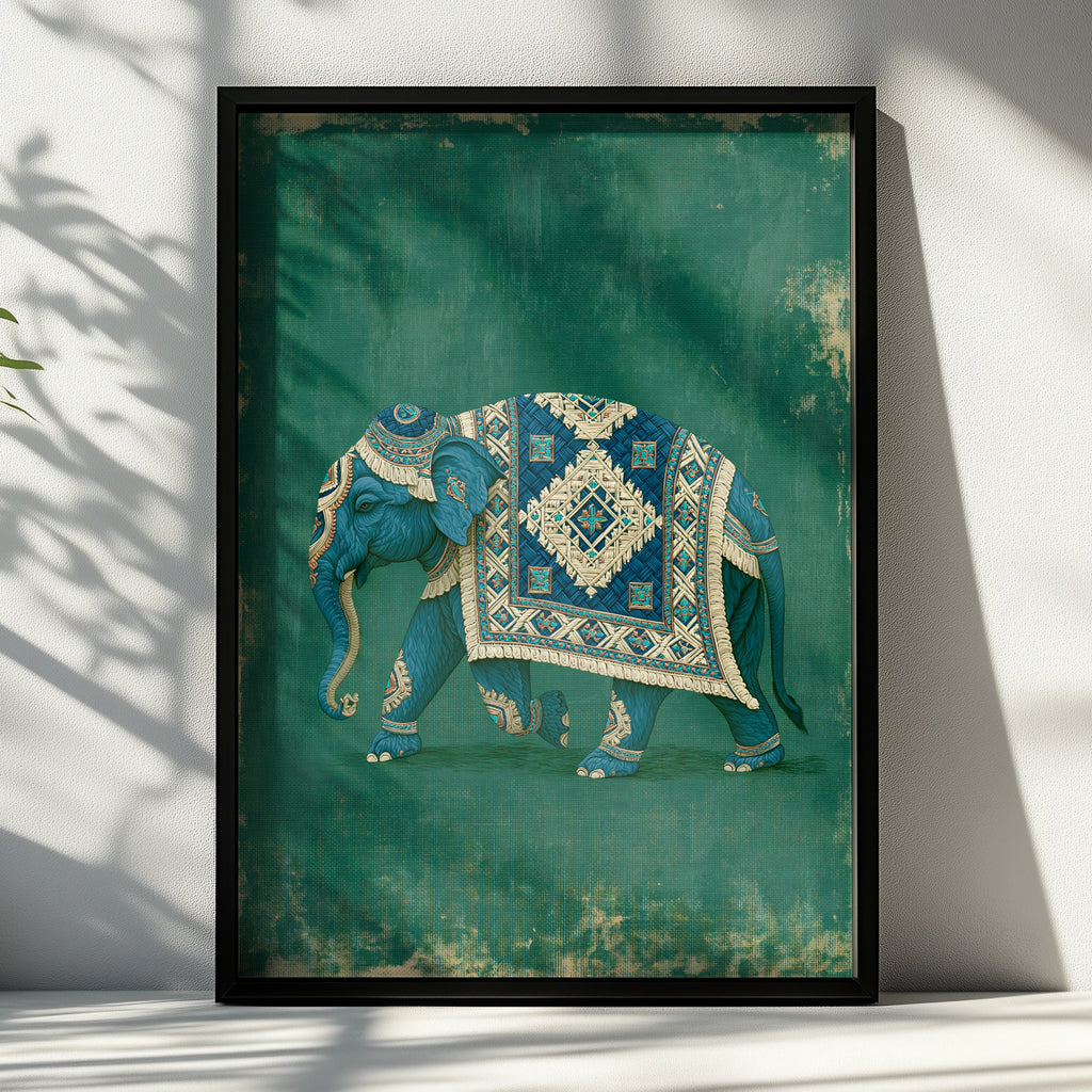 Decorated Elephant Procession Poster, Teal Blue Ornate Indian Art Print