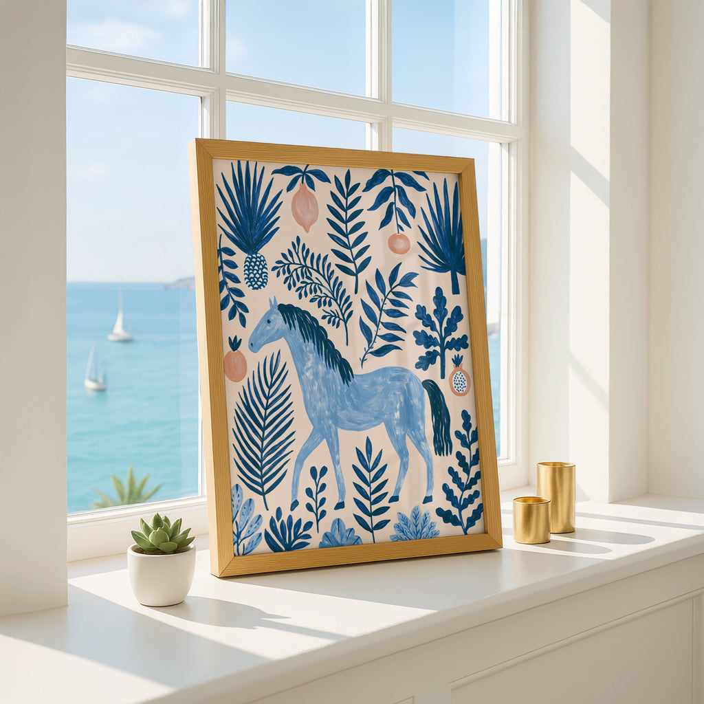 Blue Horse Botanical Wall Art Poster, Tropical Fruit Folk Illustration Print