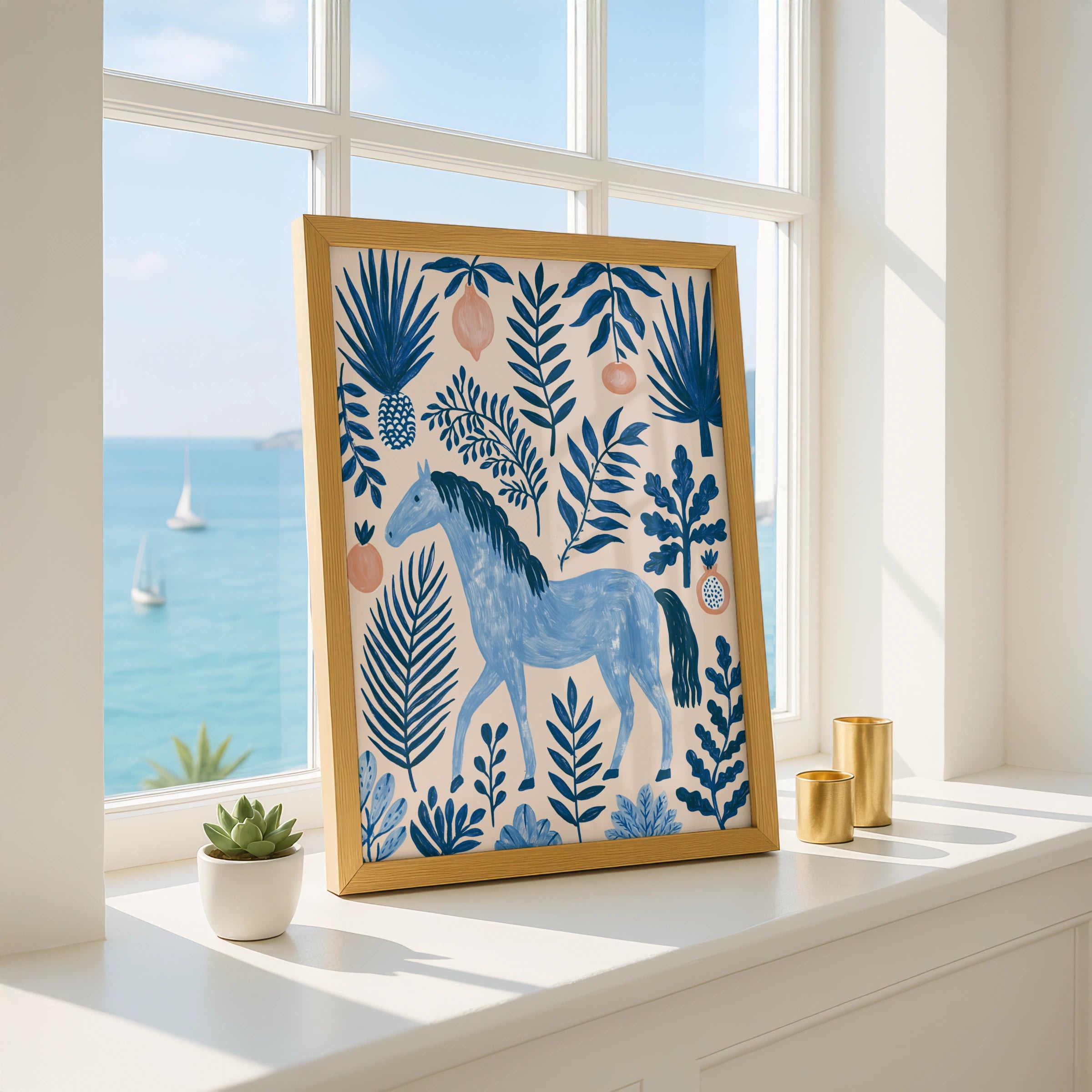 Blue Horse Botanical Wall Art Poster, Tropical Fruit Folk Illustration Print