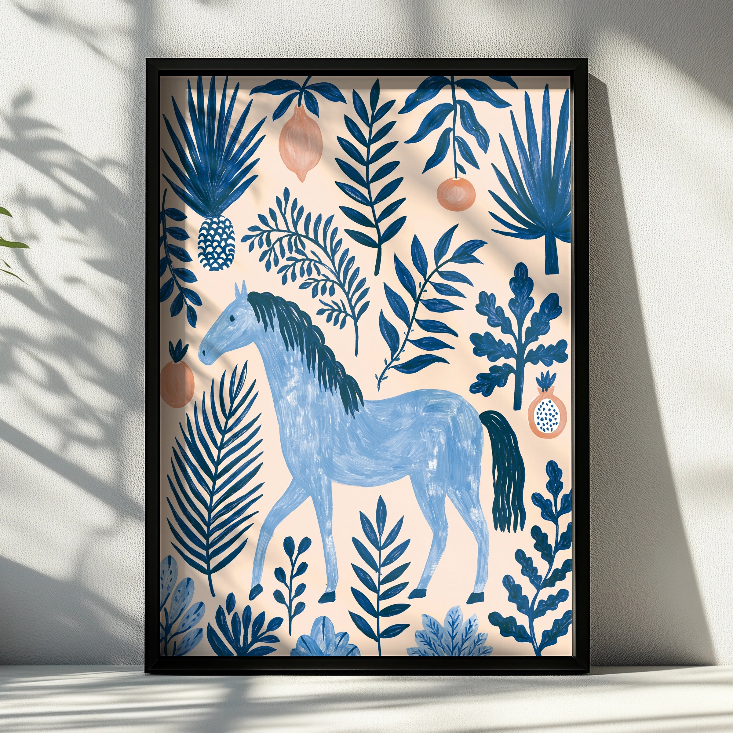 Blue Horse Botanical Wall Art Poster, Tropical Fruit Folk Illustration Print