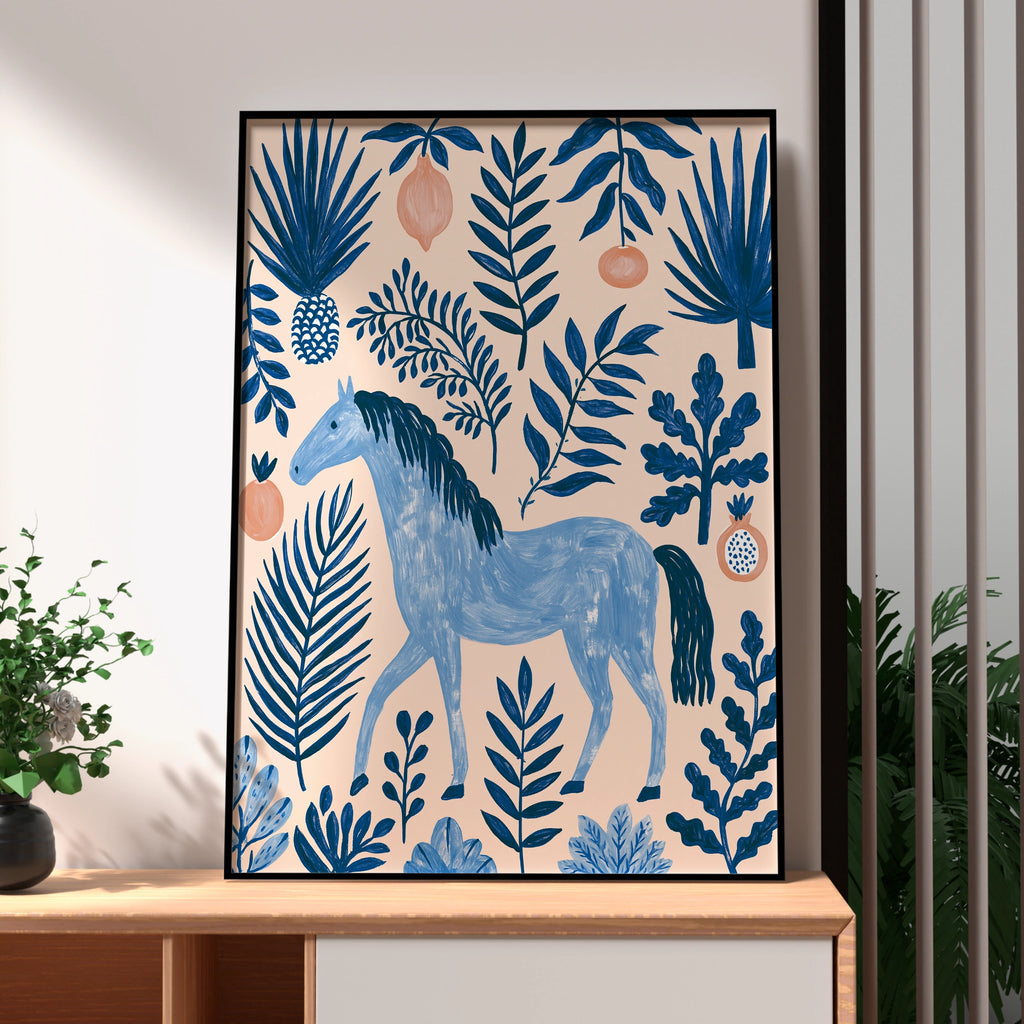 Blue Horse Botanical Wall Art Poster, Tropical Fruit Folk Illustration Print