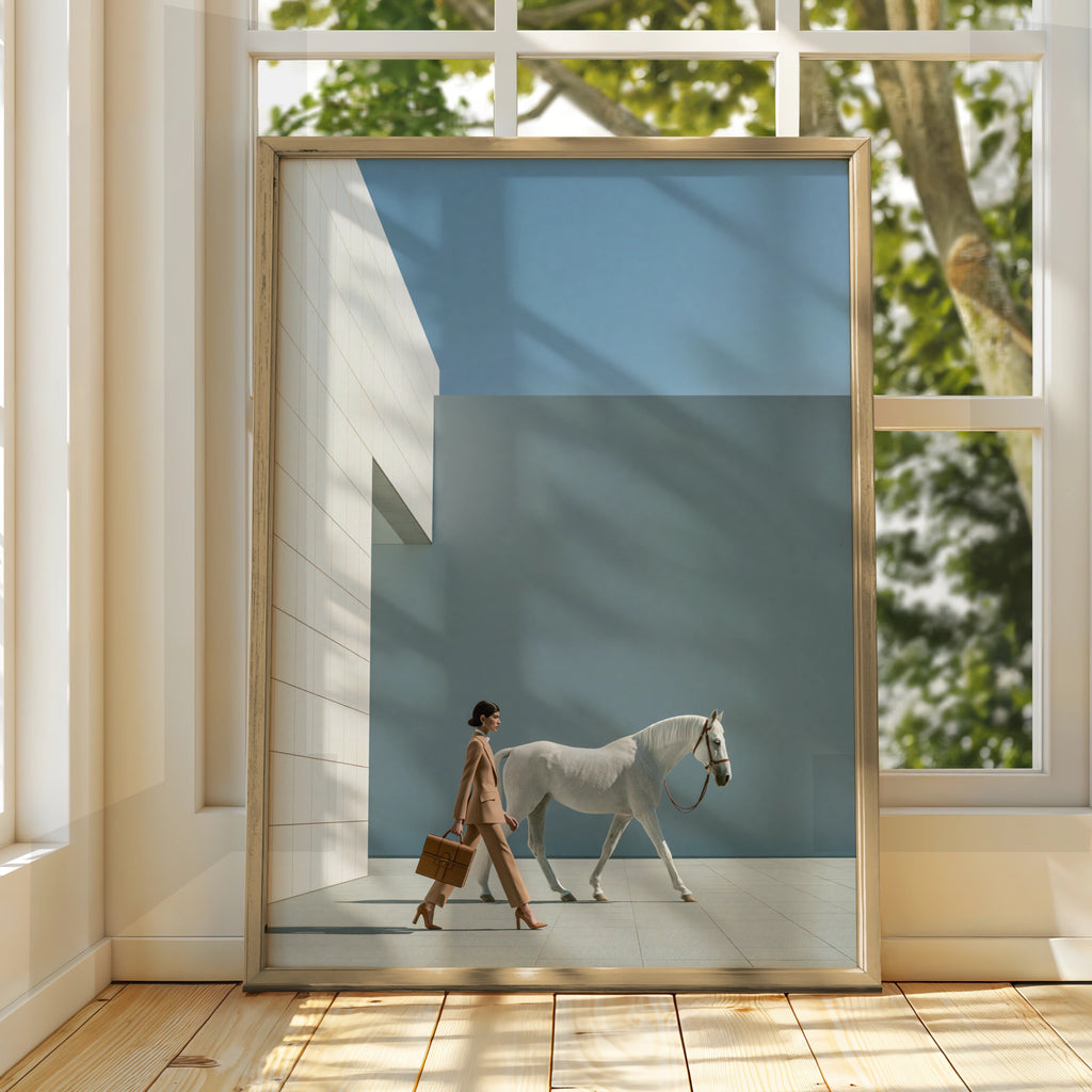 Woman with White Horse Fashion Poster, Minimalist Wall Art, Blue Neutral