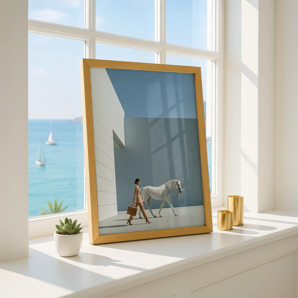 Woman with White Horse Fashion Poster, Minimalist Wall Art, Blue Neutral