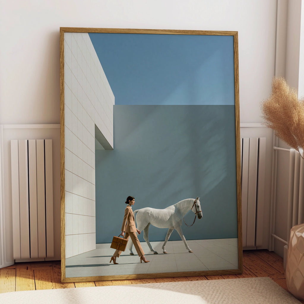 Woman with White Horse Fashion Poster, Minimalist Wall Art, Blue Neutral