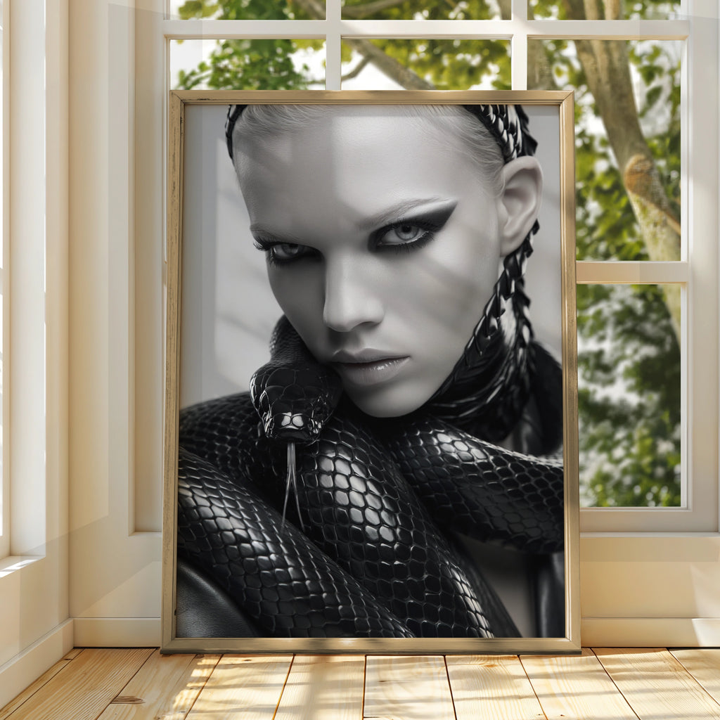 Woman with Snake Fashion Portrait Poster, Dark Monochrome Wall Art Print