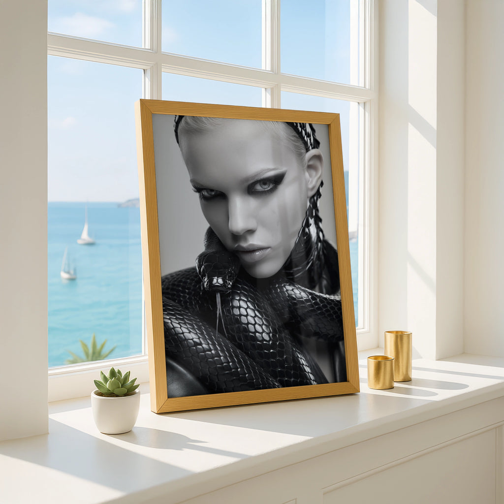 Woman with Snake Fashion Portrait Poster, Dark Monochrome Wall Art Print