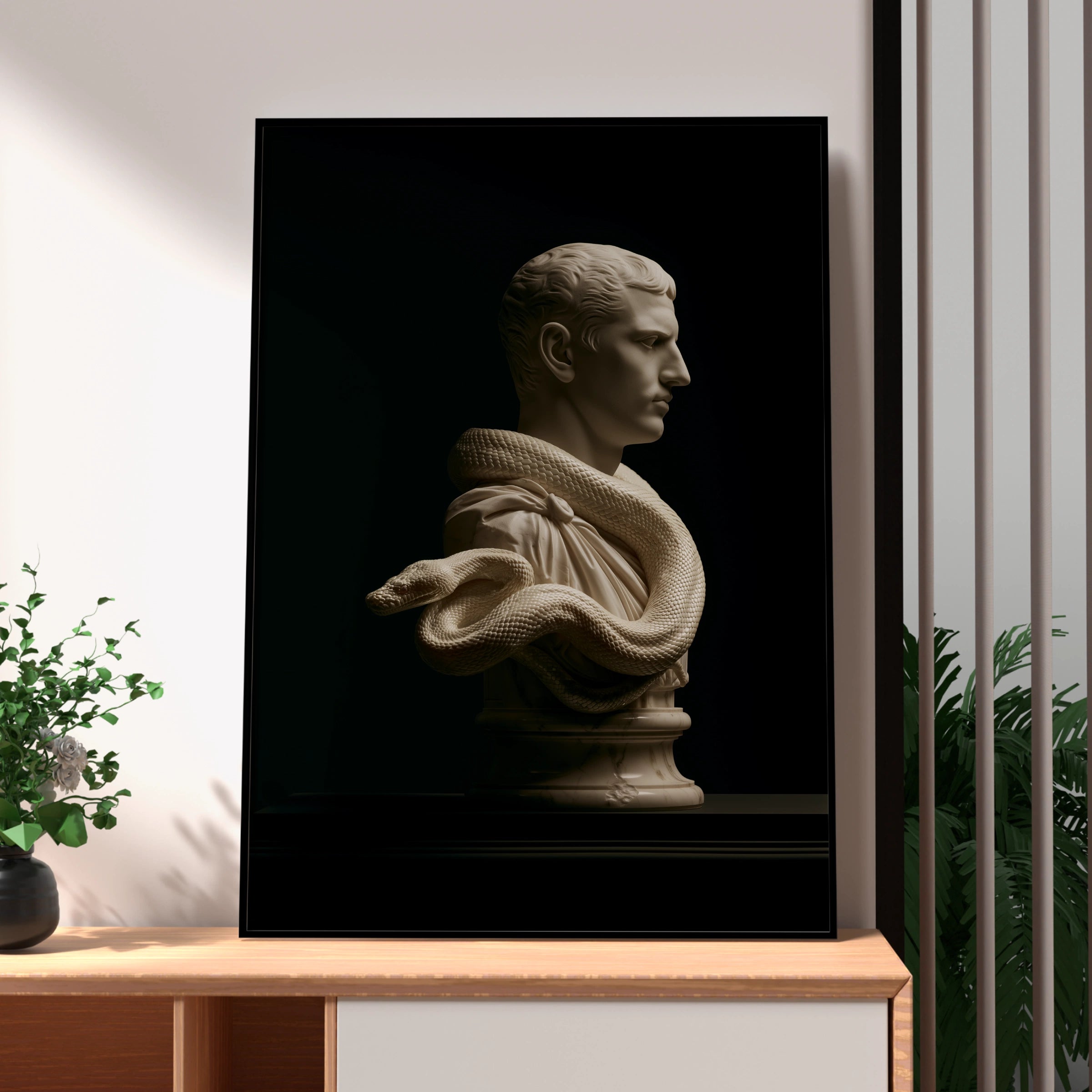 Roman Statue Snake Bust Poster, Classical Marble Sculpture, Dark Art Print