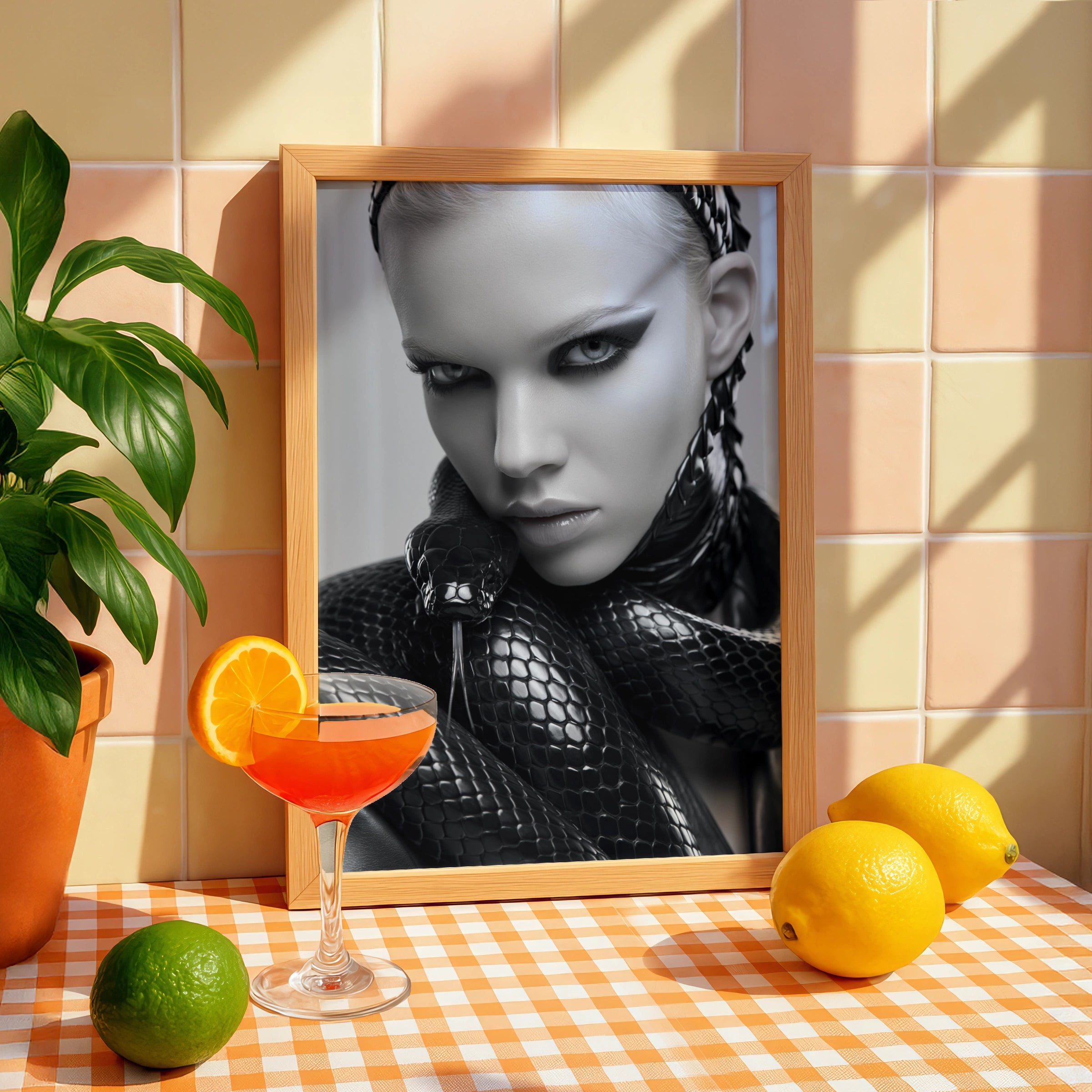 Woman with Snake Fashion Portrait Poster, Dark Monochrome Wall Art Print