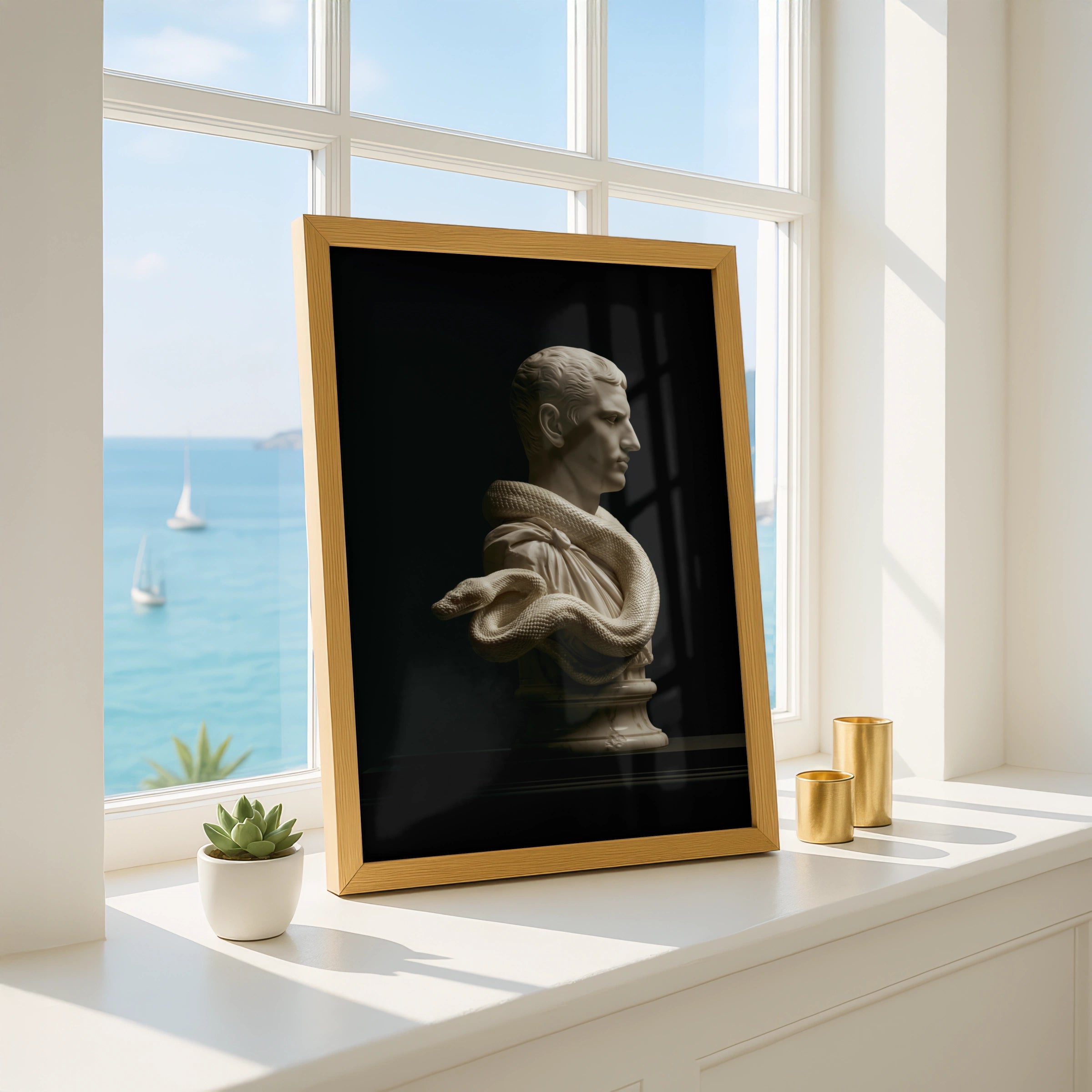 Roman Statue Snake Bust Poster, Classical Marble Sculpture, Dark Art Print