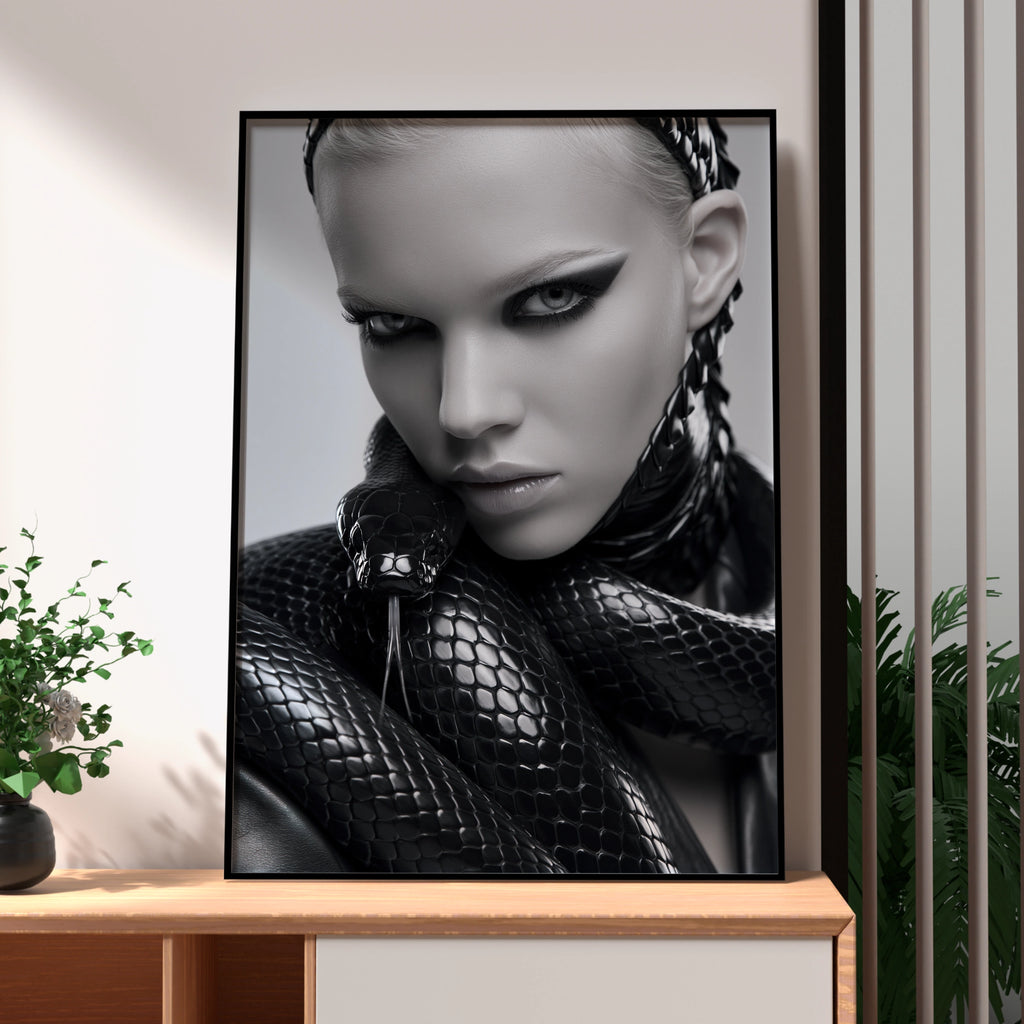 Woman with Snake Fashion Portrait Poster, Dark Monochrome Wall Art Print