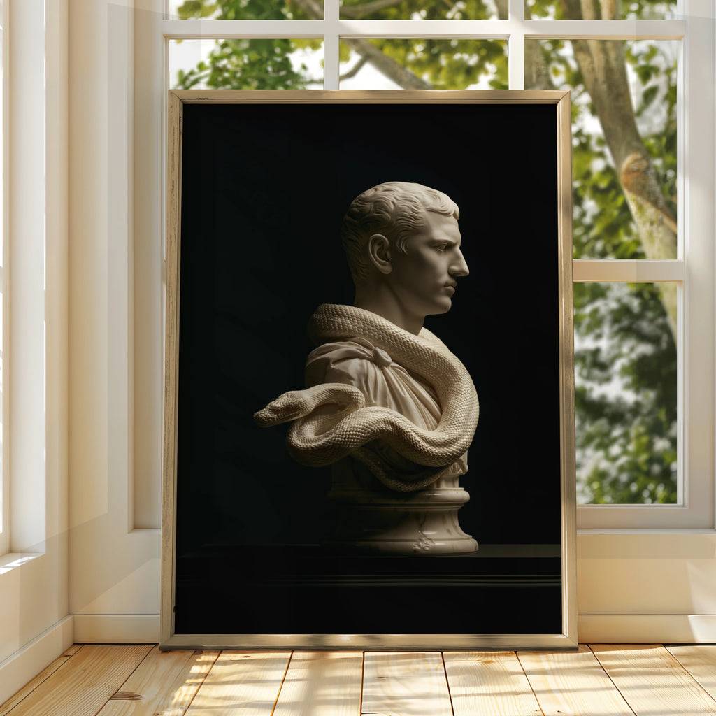 Roman Statue Snake Bust Poster, Classical Marble Sculpture, Dark Art Print