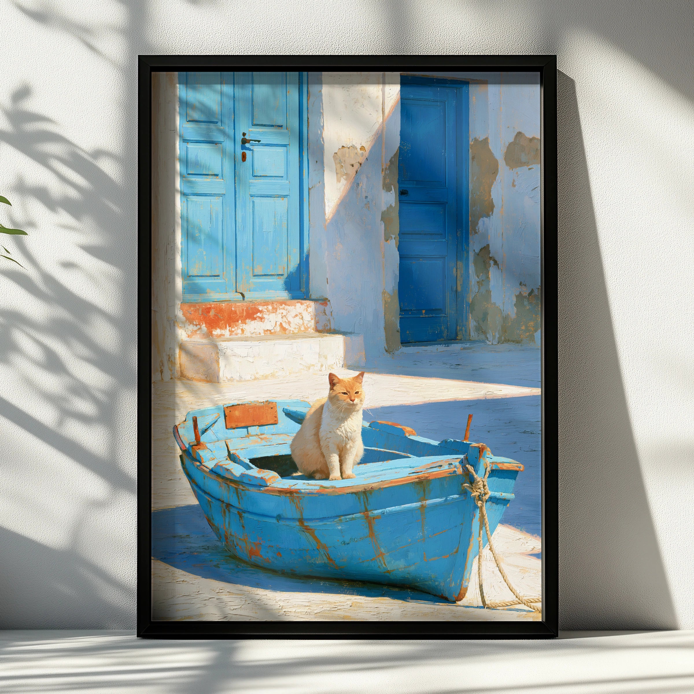 Cat in Blue Boat Mediterranean Street Wall Art Poster, Oil Painting Style