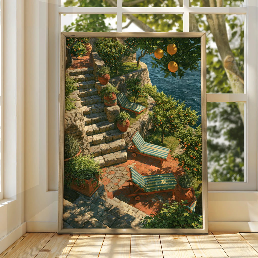 Amalfi Coast Terrace Poster, Orange Trees Sea View, Italian Riviera Wall Art