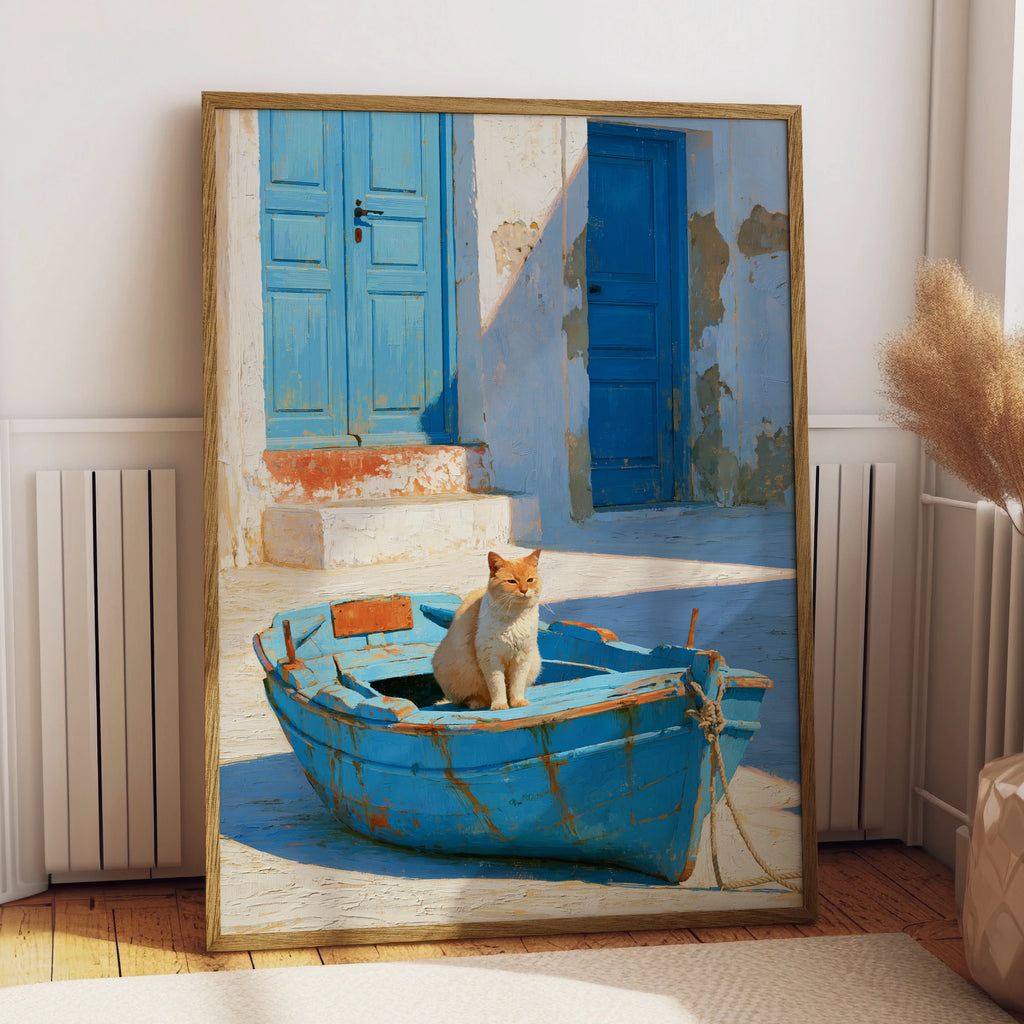 Cat in Blue Boat Mediterranean Street Wall Art Poster, Oil Painting Style