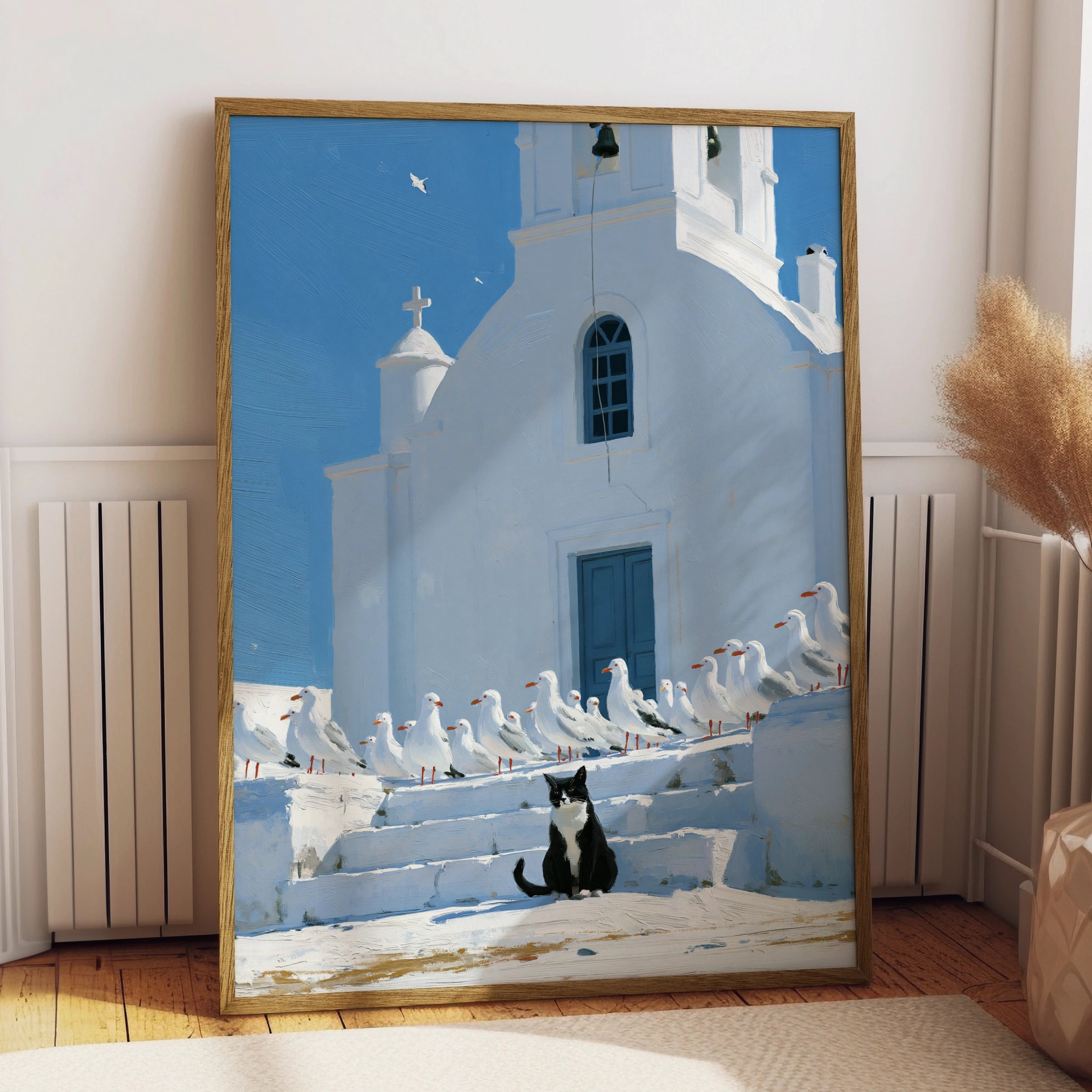 Cat & Seagulls Greek Church Poster, Santorini Wall Art, Mediterranean Print