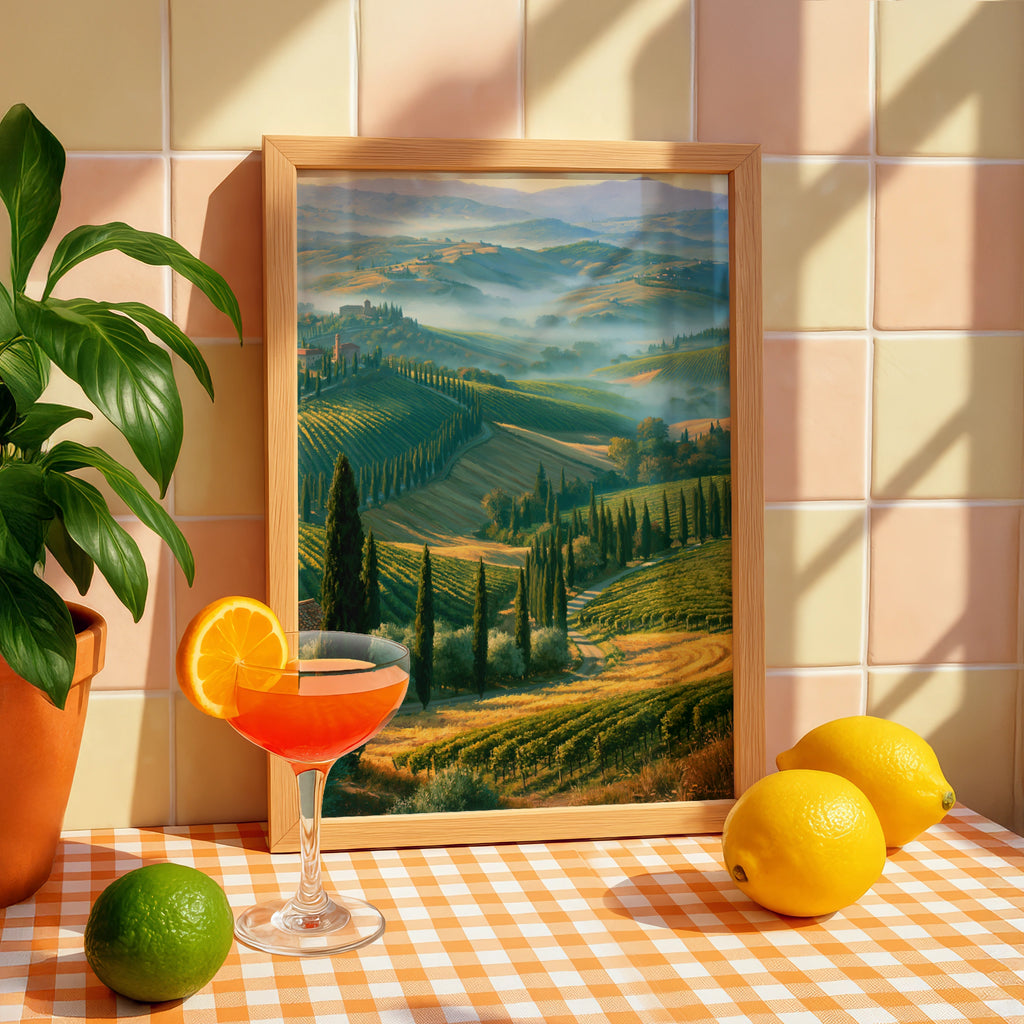 Tuscan Hills Wall Art Poster, Italian Countryside Landscape, Vineyard Print