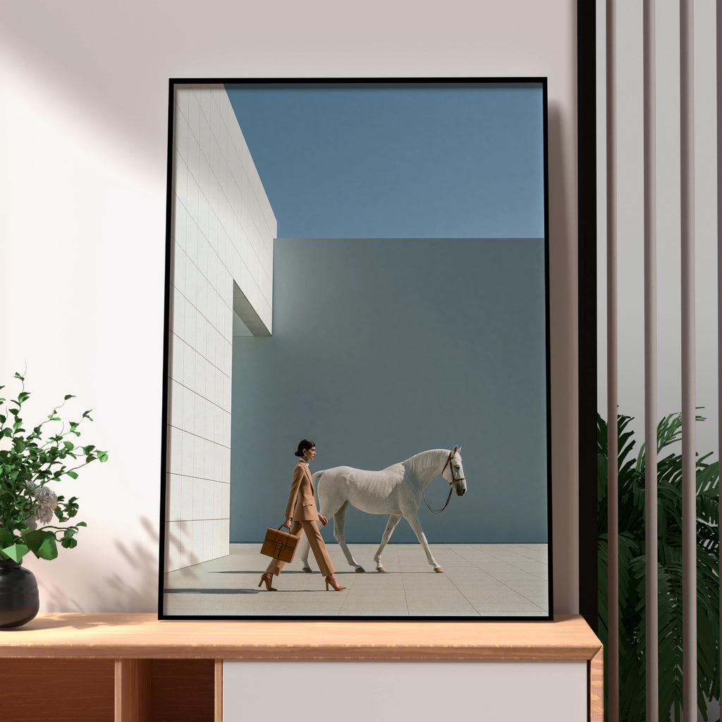 Woman with White Horse Fashion Poster, Minimalist Wall Art, Blue Neutral