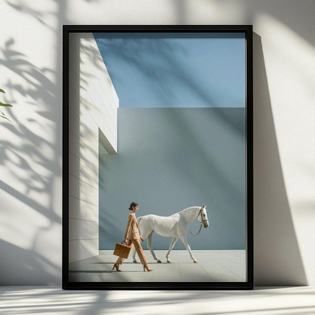 Woman with White Horse Fashion Poster, Minimalist Wall Art, Blue Neutral
