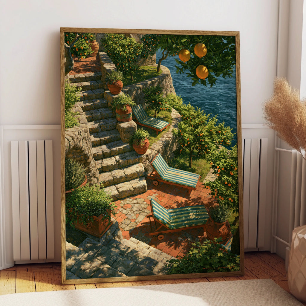 Amalfi Coast Terrace Poster, Orange Trees Sea View, Italian Riviera Wall Art