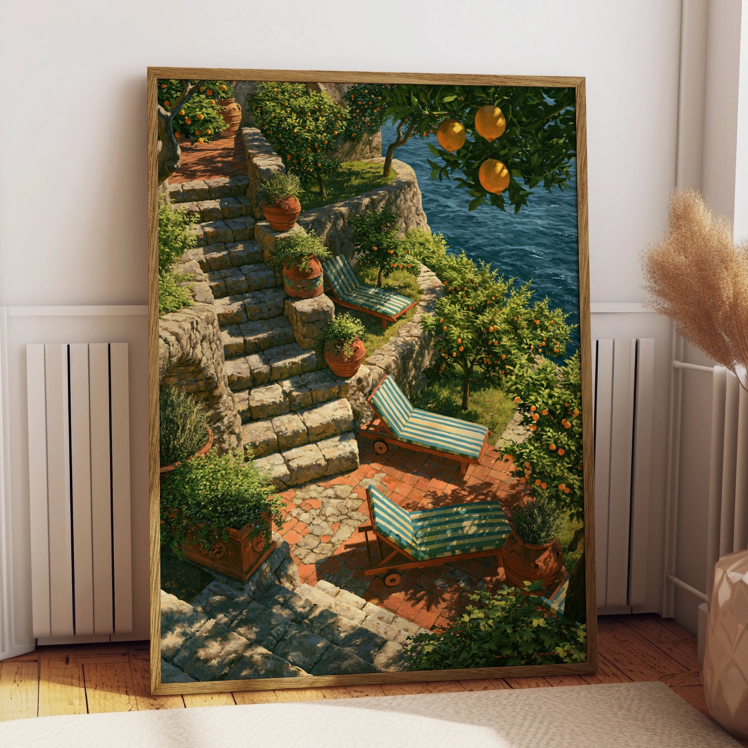 Amalfi Coast Terrace Poster, Orange Trees Sea View, Italian Riviera Wall Art