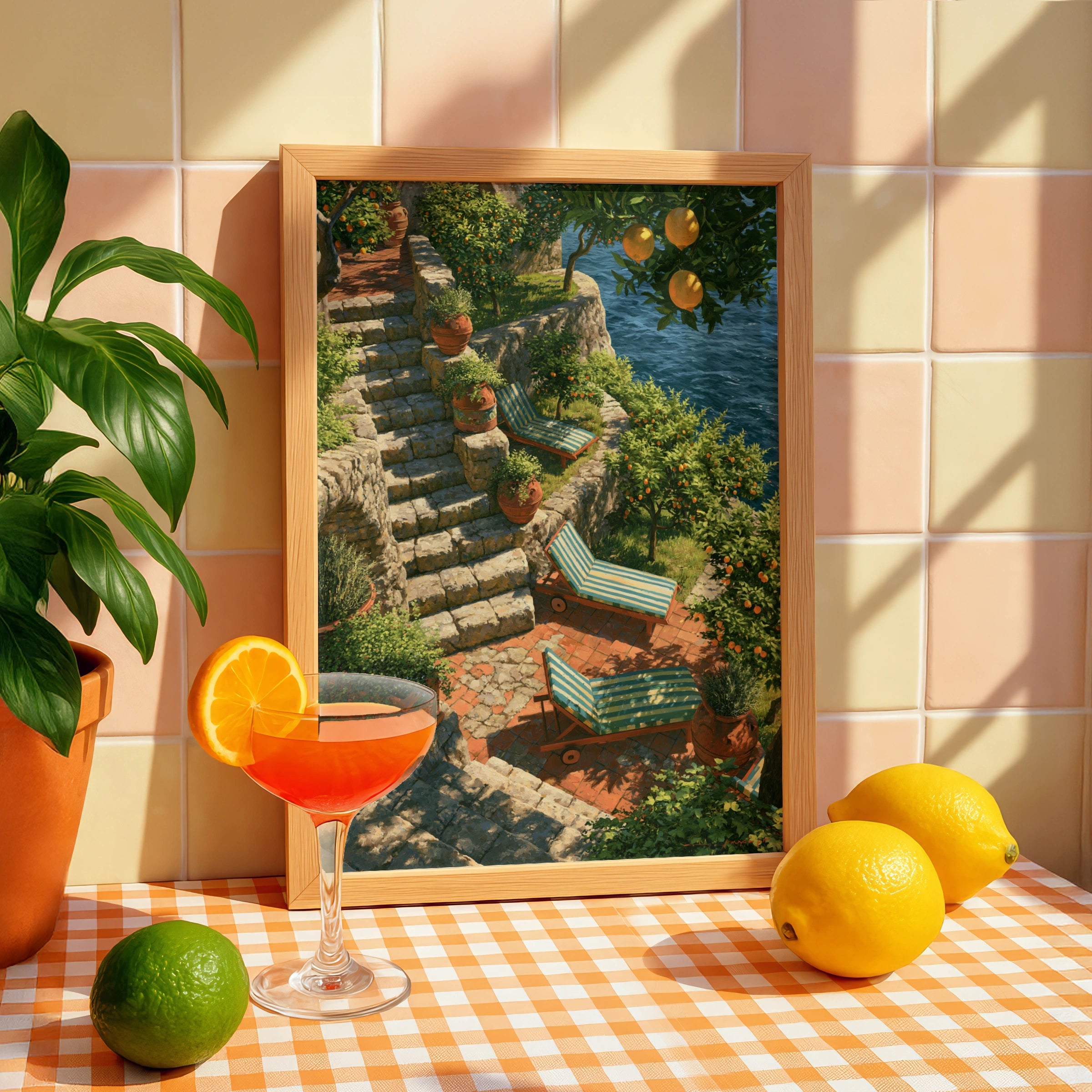 Amalfi Coast Terrace Poster, Orange Trees Sea View, Italian Riviera Wall Art
