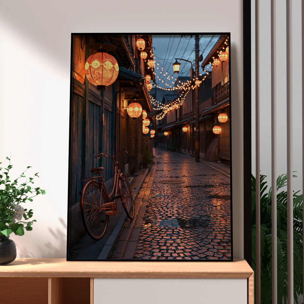 Kyoto Street Night Poster, Japanese Lanterns, Bicycle Wall Art Print