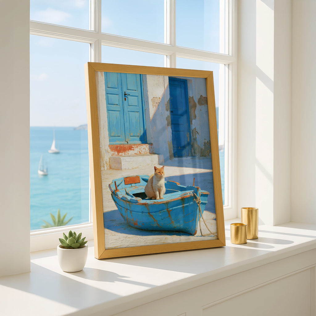 Cat in Blue Boat Mediterranean Street Wall Art Poster, Oil Painting Style