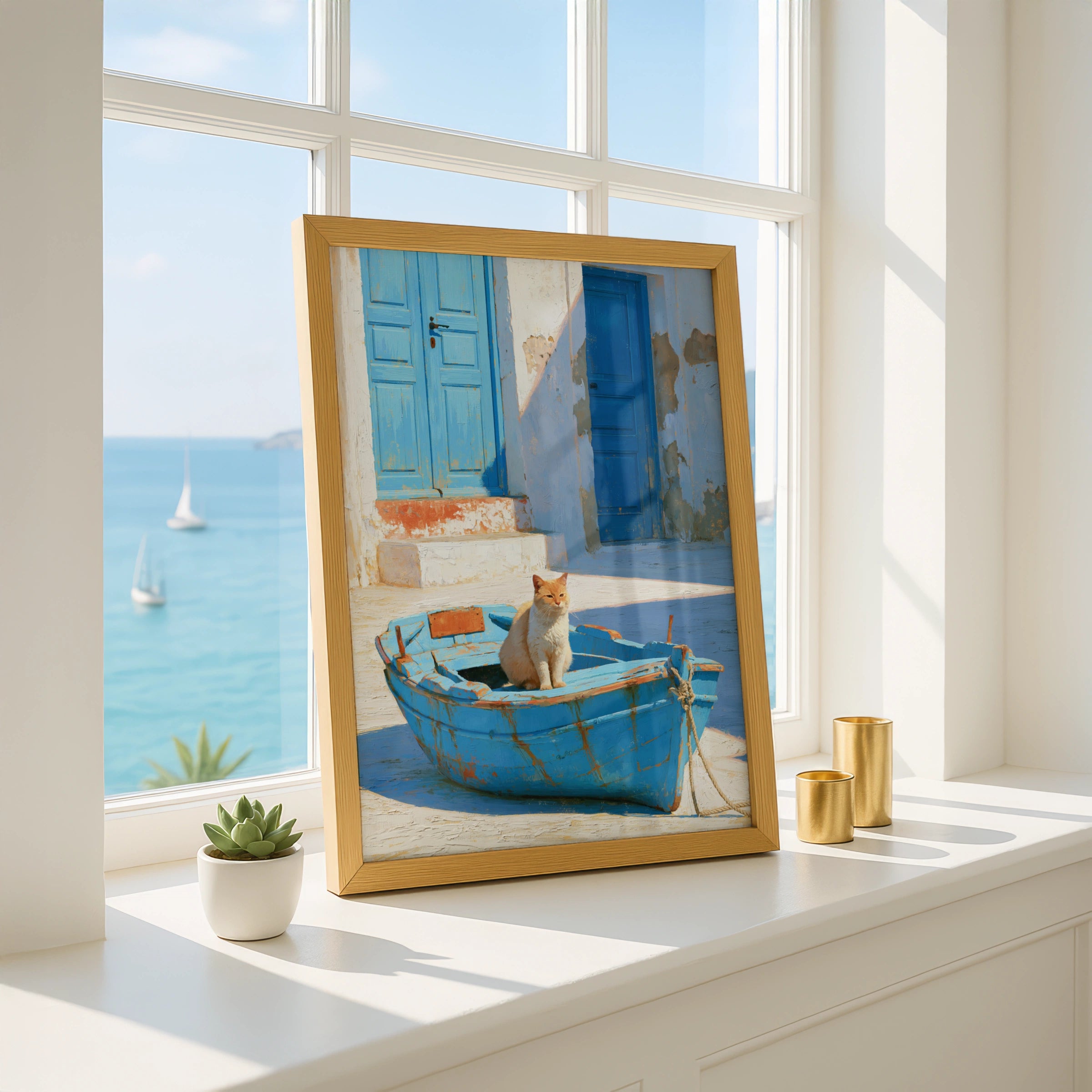 Cat in Blue Boat Mediterranean Street Wall Art Poster, Oil Painting Style