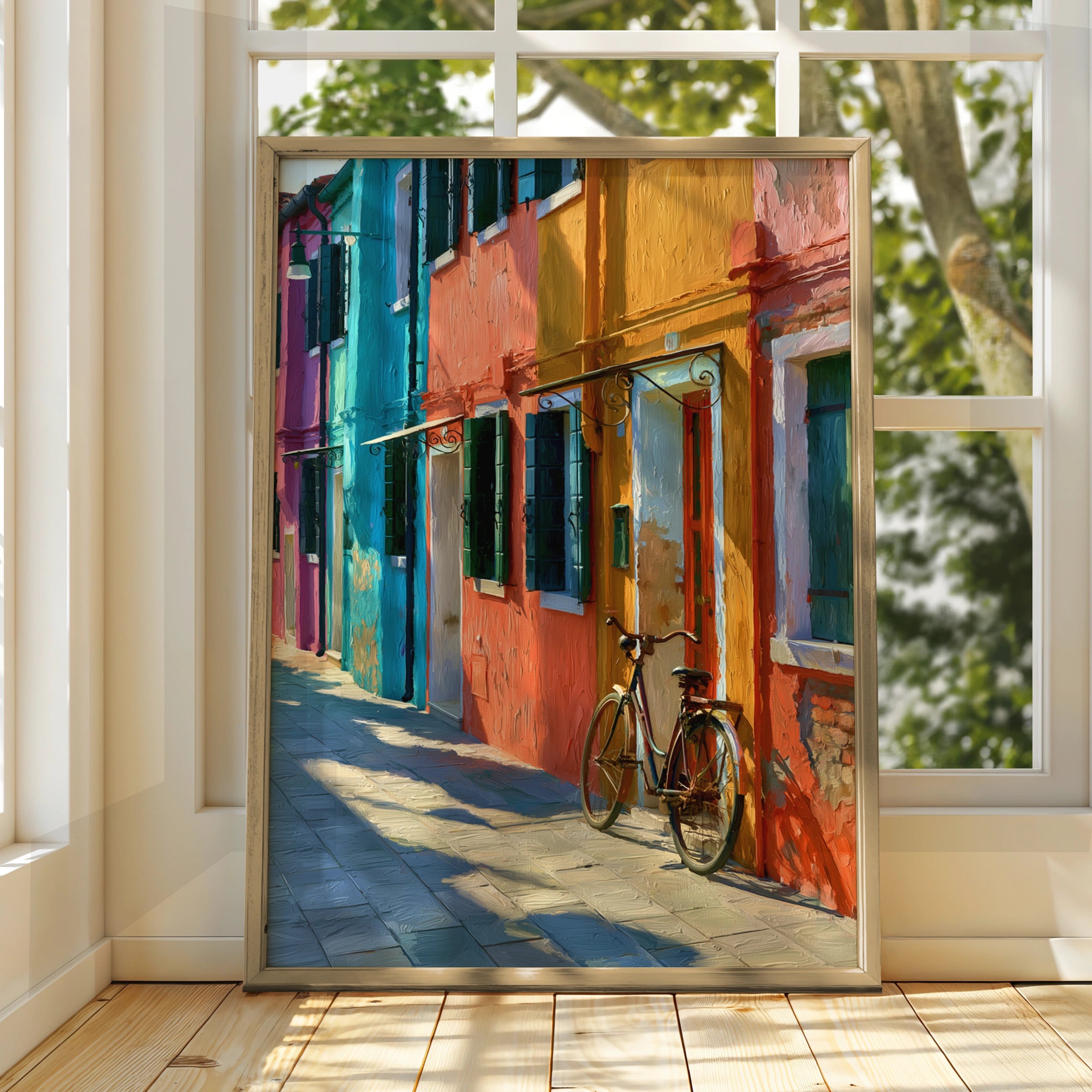 Burano Street Wall Art Poster, Colourful Italy Print, Oil Painting Style