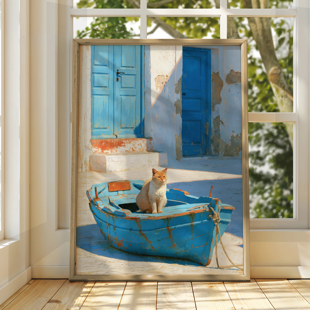Cat in Blue Boat Mediterranean Street Wall Art Poster, Oil Painting Style