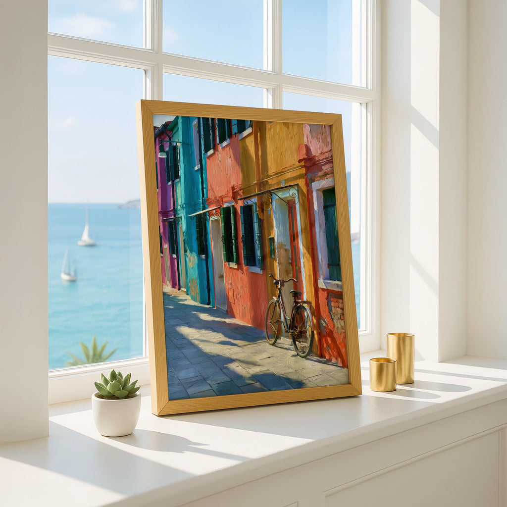 Burano Street Wall Art Poster, Colourful Italy Print, Oil Painting Style