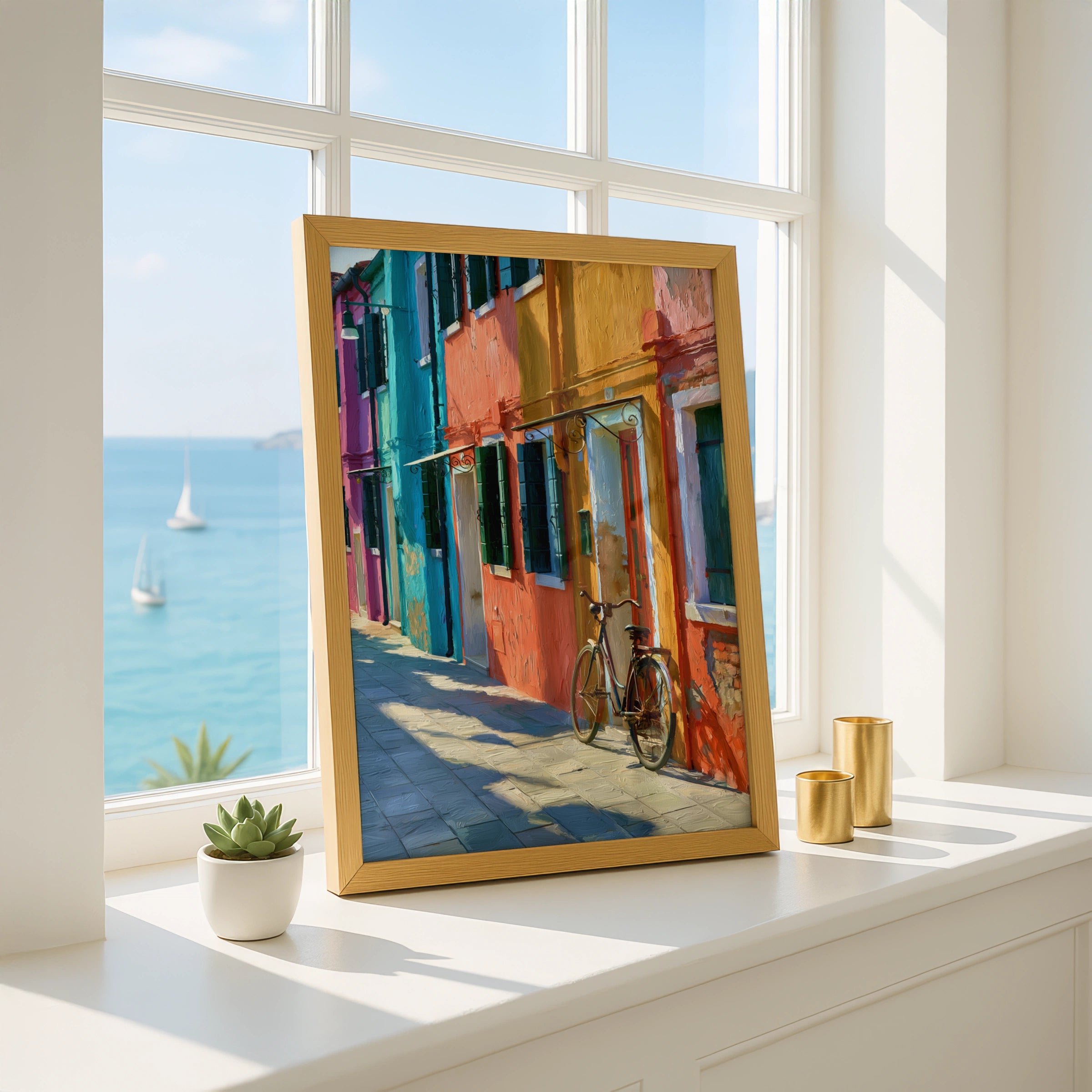 Burano Street Wall Art Poster, Colourful Italy Print, Oil Painting Style