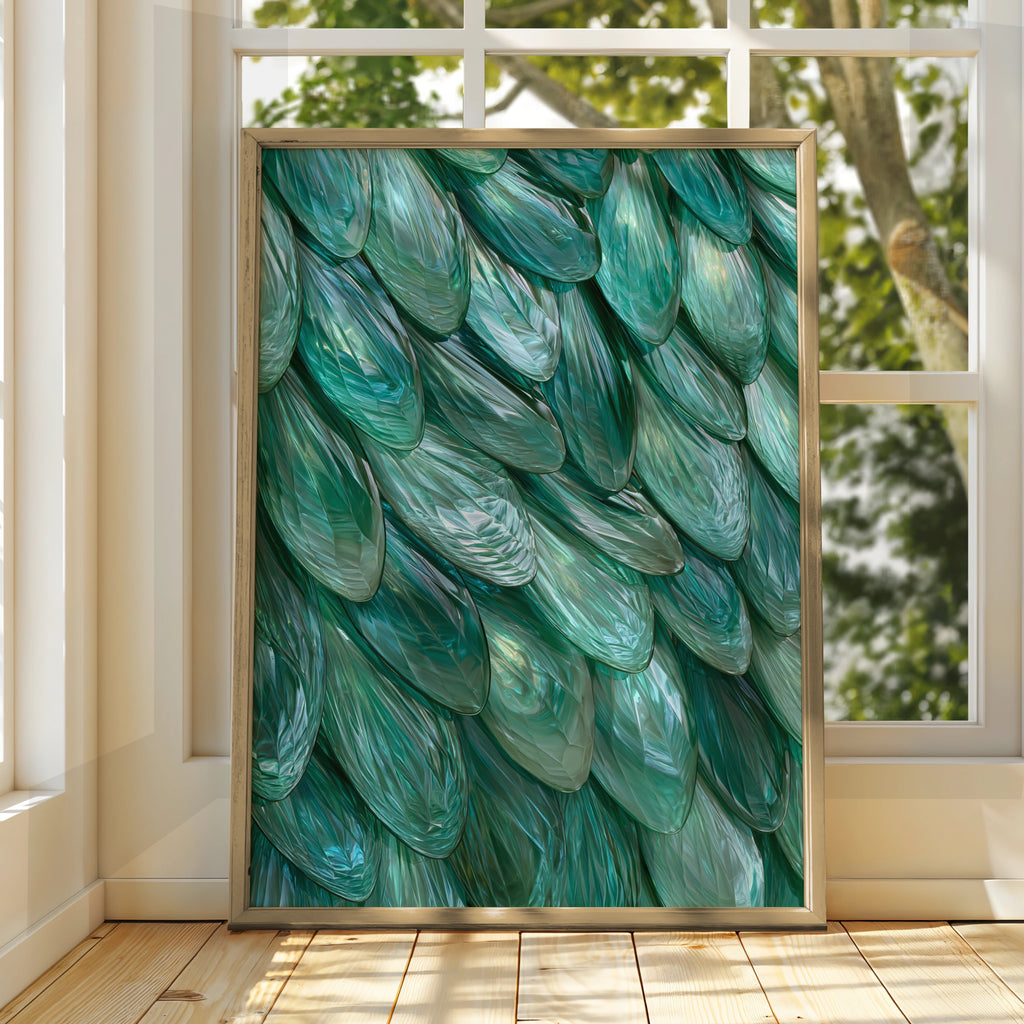 Emerald Scales Wall Art Poster, Teal Green Iridescent Abstract Print