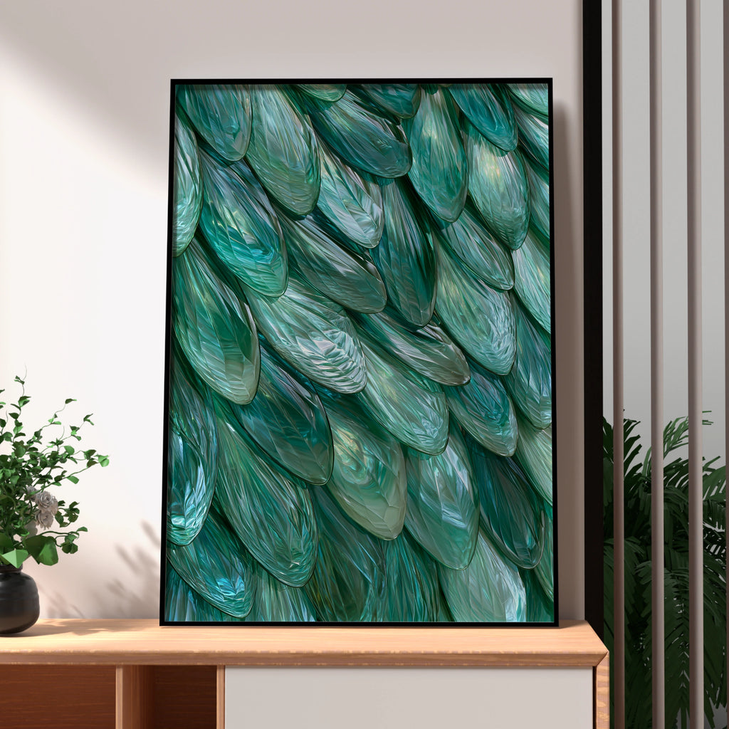 Emerald Scales Wall Art Poster, Teal Green Iridescent Abstract Print
