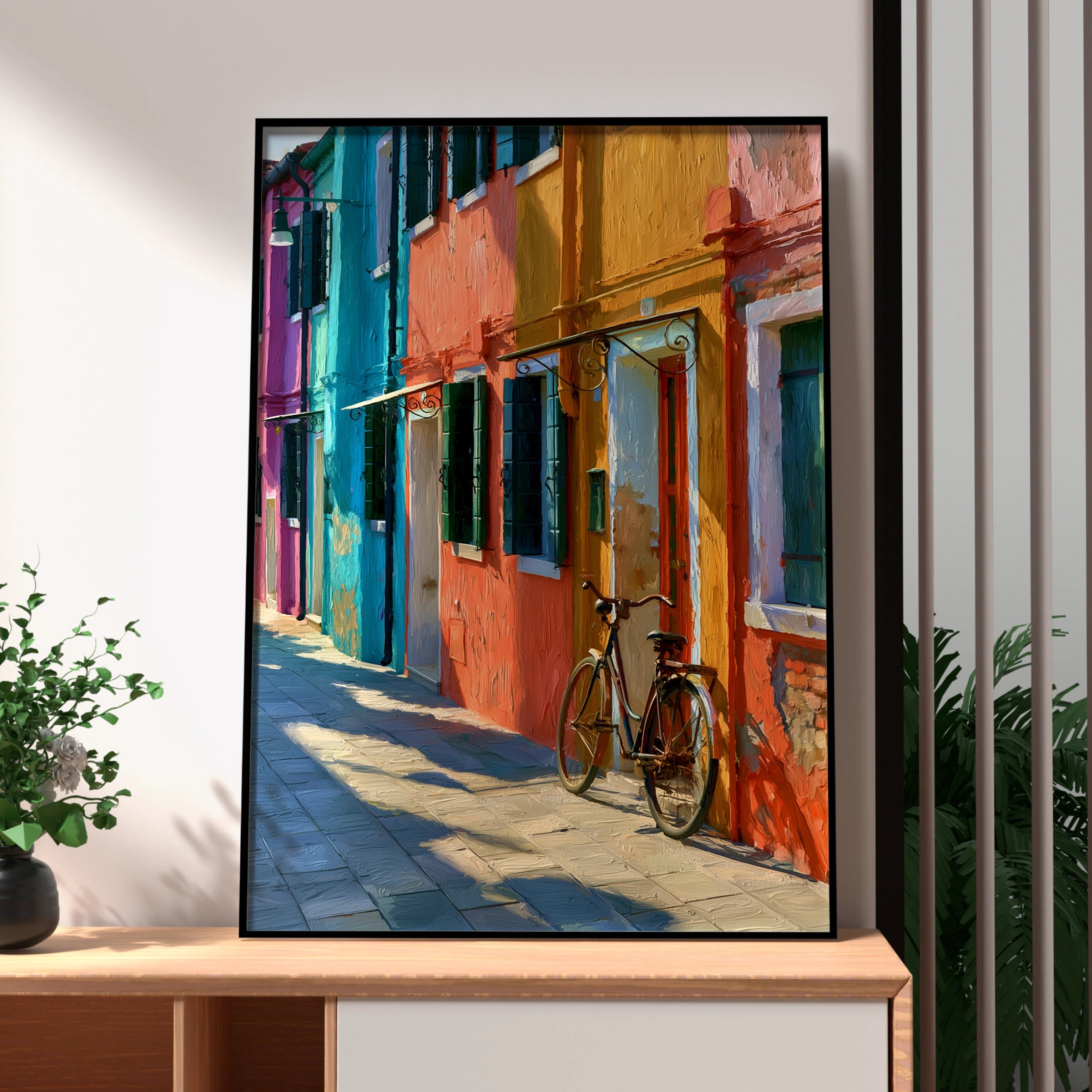 Burano Street Wall Art Poster, Colourful Italy Print, Oil Painting Style