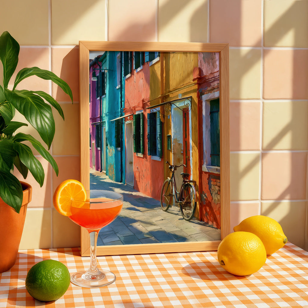 Burano Street Wall Art Poster, Colourful Italy Print, Oil Painting Style