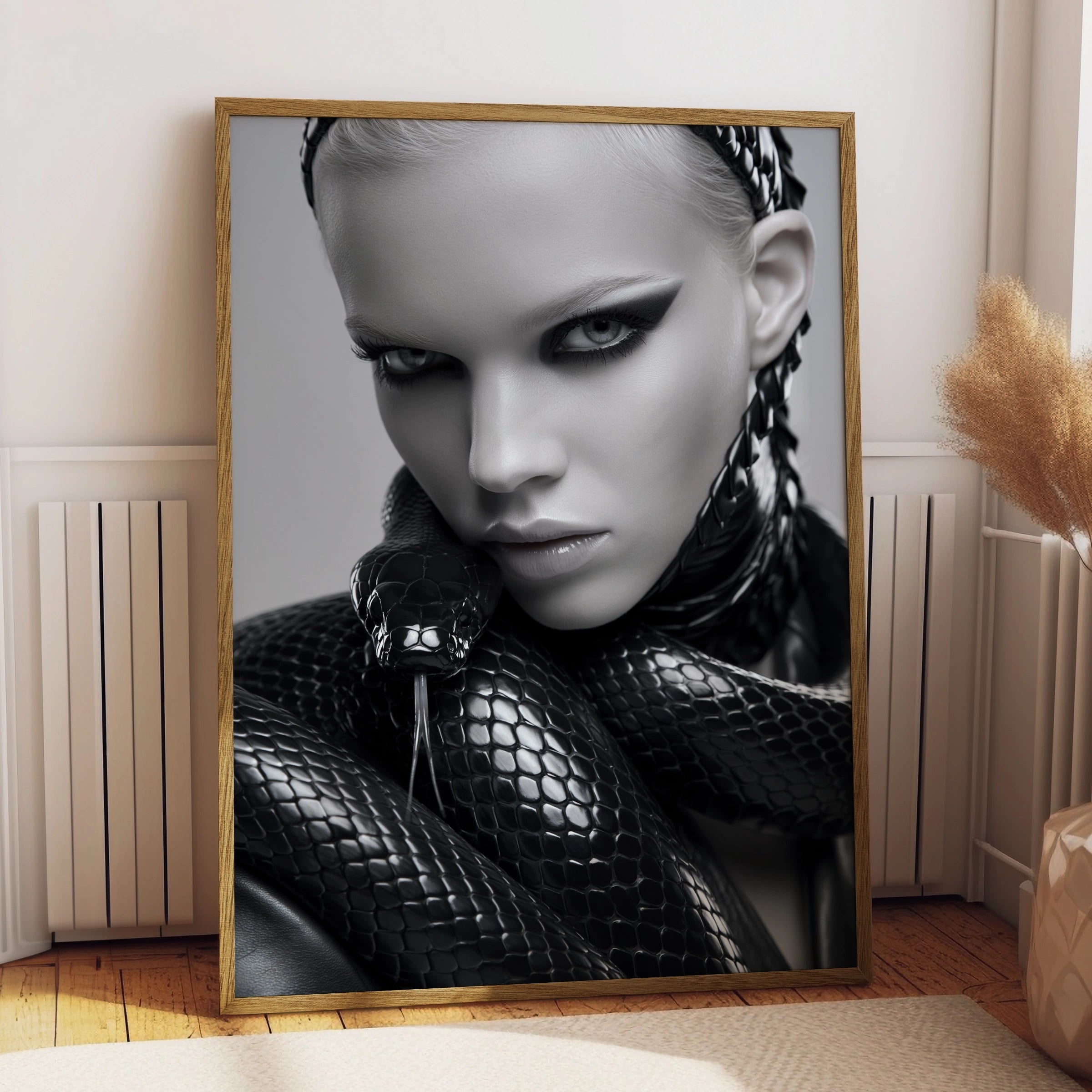 Woman with Snake Fashion Portrait Poster, Dark Monochrome Wall Art Print