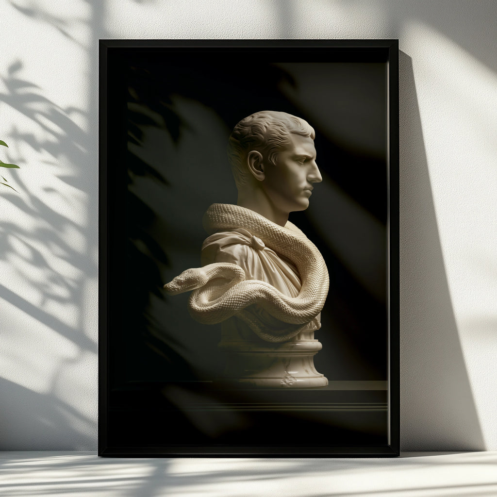 Roman Statue Snake Bust Poster, Classical Marble Sculpture, Dark Art Print