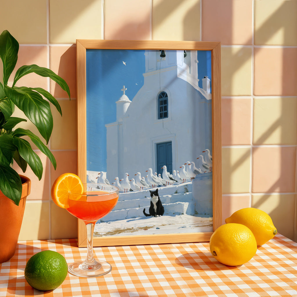 Cat & Seagulls Greek Church Poster, Santorini Wall Art, Mediterranean Print
