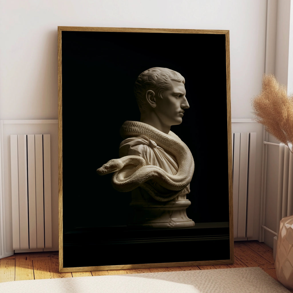 Roman Statue Snake Bust Poster, Classical Marble Sculpture, Dark Art Print